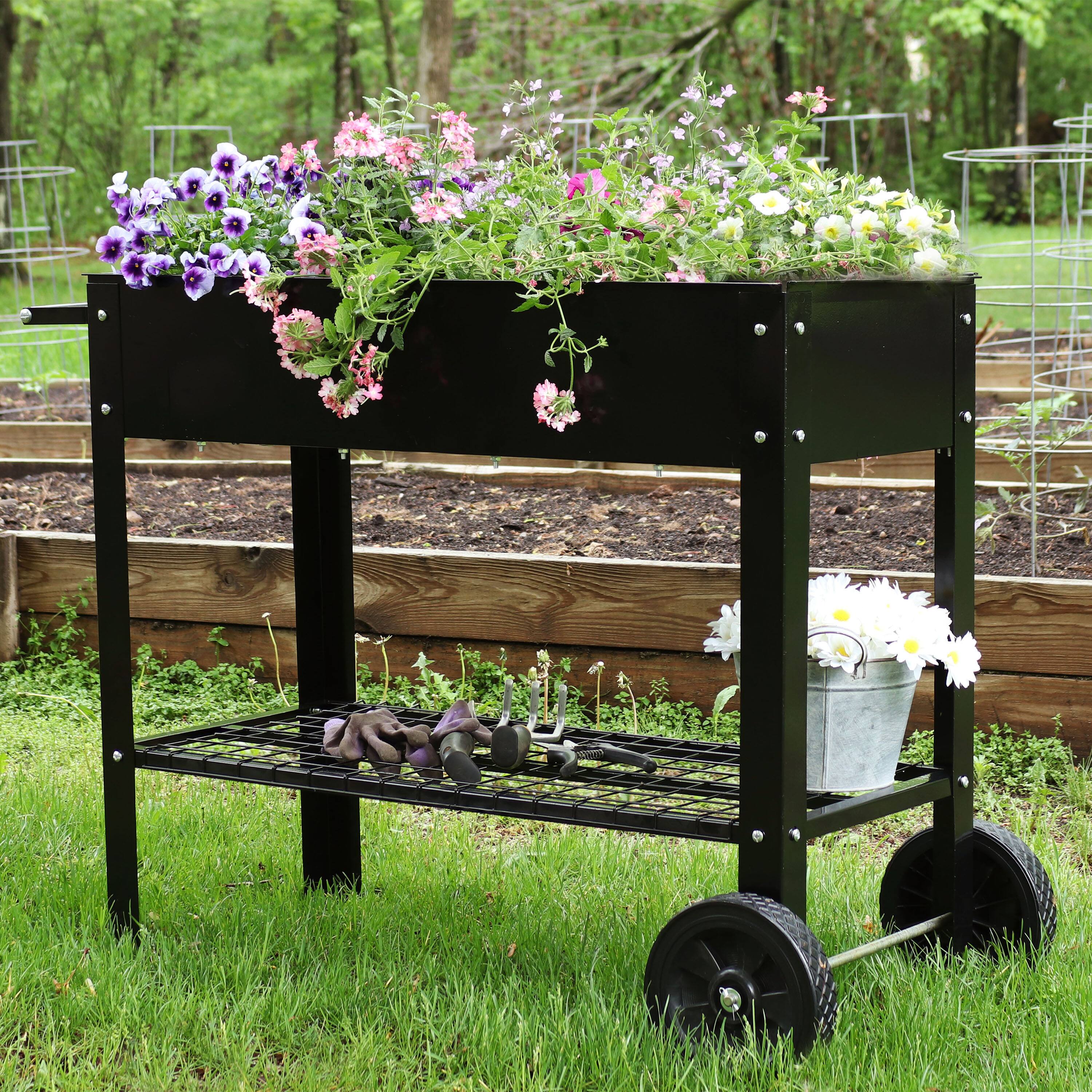 Alt View 1. Sunnydaze - 43 in Galvanized Steel Mobile Raised Garden Bed Cart - Black.
