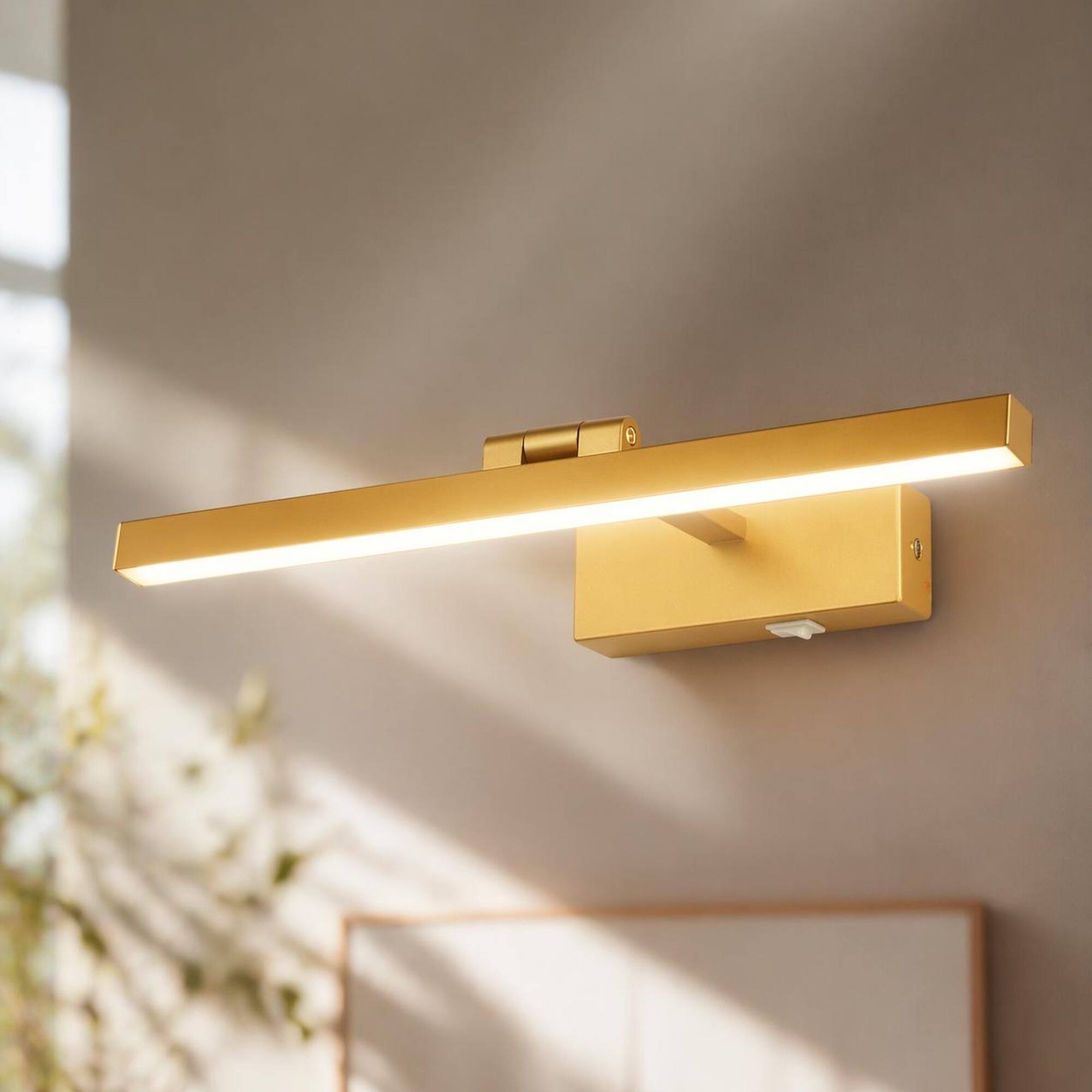 Angle. RYHNUYNE - 16 Inch Gold LED Vanity Light for Bathroom Mirror – Modern Dimmable Wall Sconce with Remote, 3 Color Temperatures.