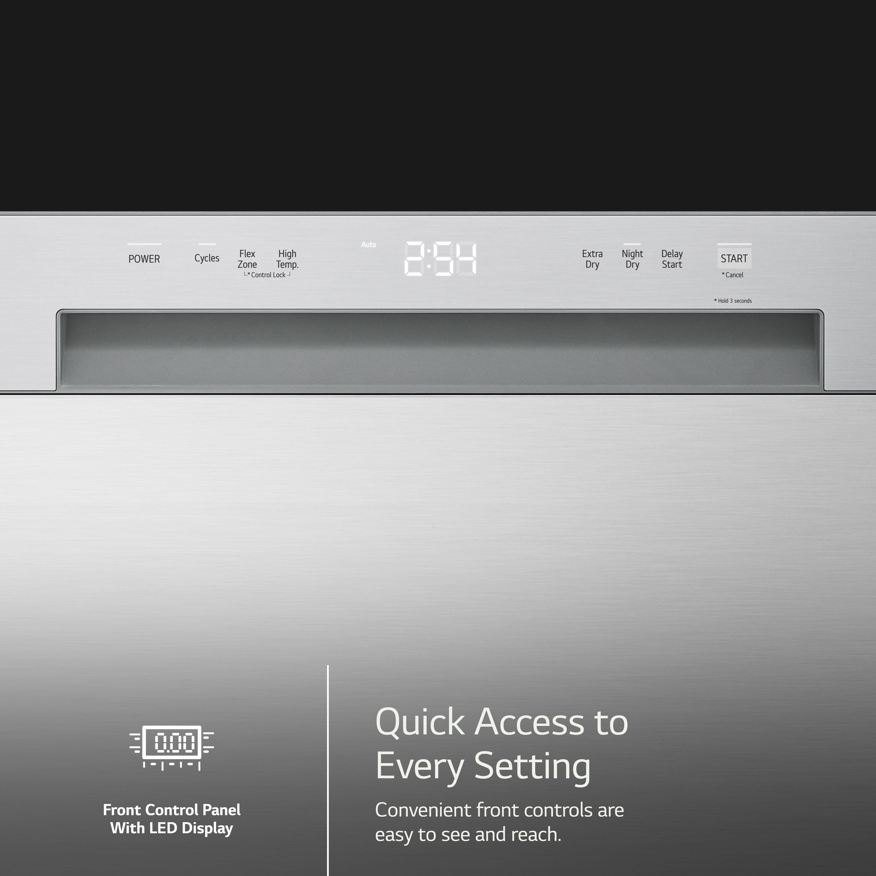 The image features a built-in dishwasher with a silver front panel and a digital display. The dishwasher has various buttons, including options for power cycles, flex high zone temp, extra dry, night dry, and delay start. The front control panel is designed with LED display, providing quick access to every setting. The dishwasher also has a convenient front control panel that is easy to see and reach.