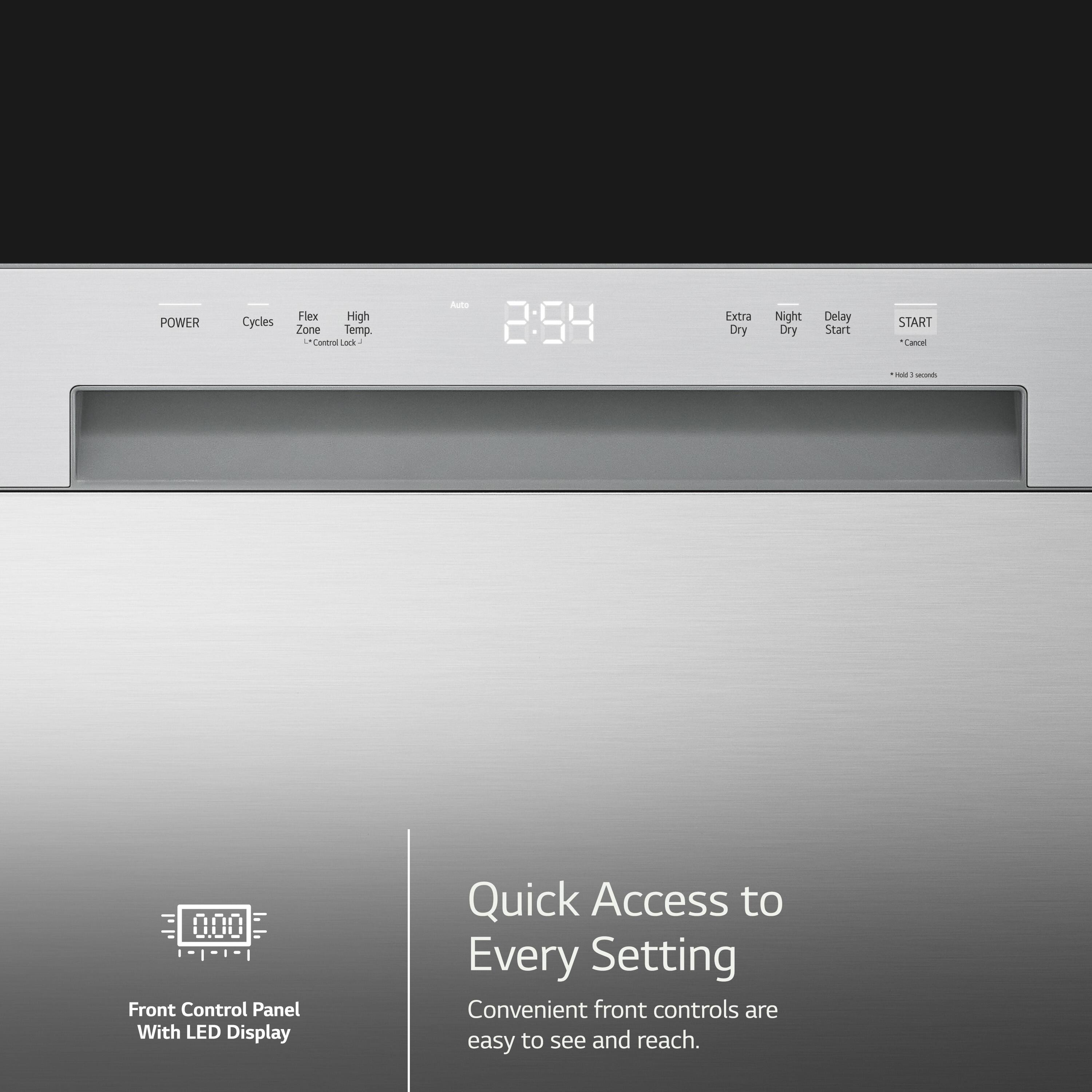 The image features a built-in dishwasher with a silver front panel and a digital display. The dishwasher has various buttons, including options for power cycles, flex high zone temp, extra dry, night dry, and delay start. The front control panel is designed with LED display, providing quick access to every setting. The dishwasher also has a convenient front control panel that is easy to see and reach.