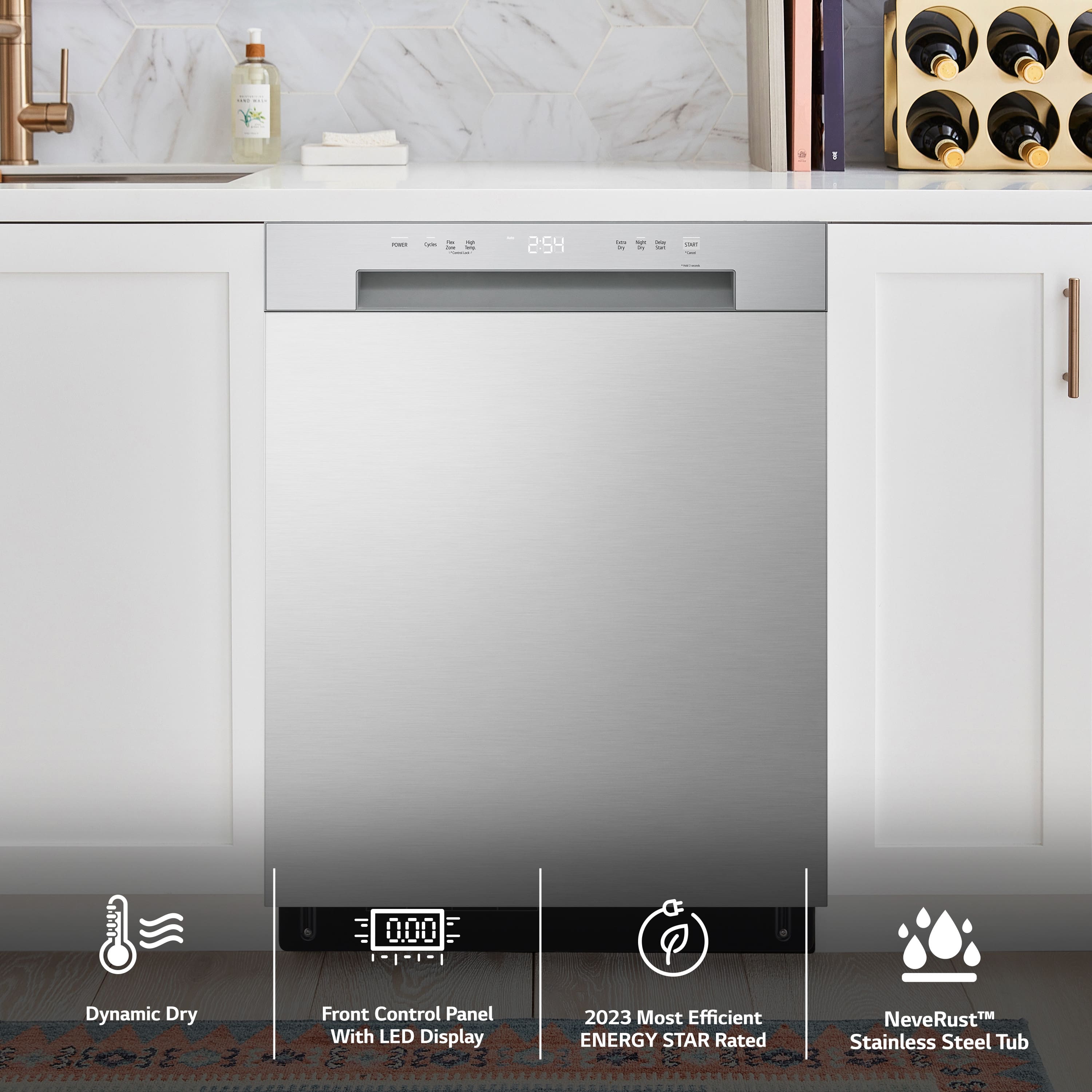 The image features a stainless steel dishwasher with a front control panel and LED display. It is a built-in dishwasher with a dynamic dry feature, which is energy-efficient and rated as the most efficient ENERGY STAR appliance in 2023. The dishwasher is part of a kitchen setup that includes a sink and a wine rack.