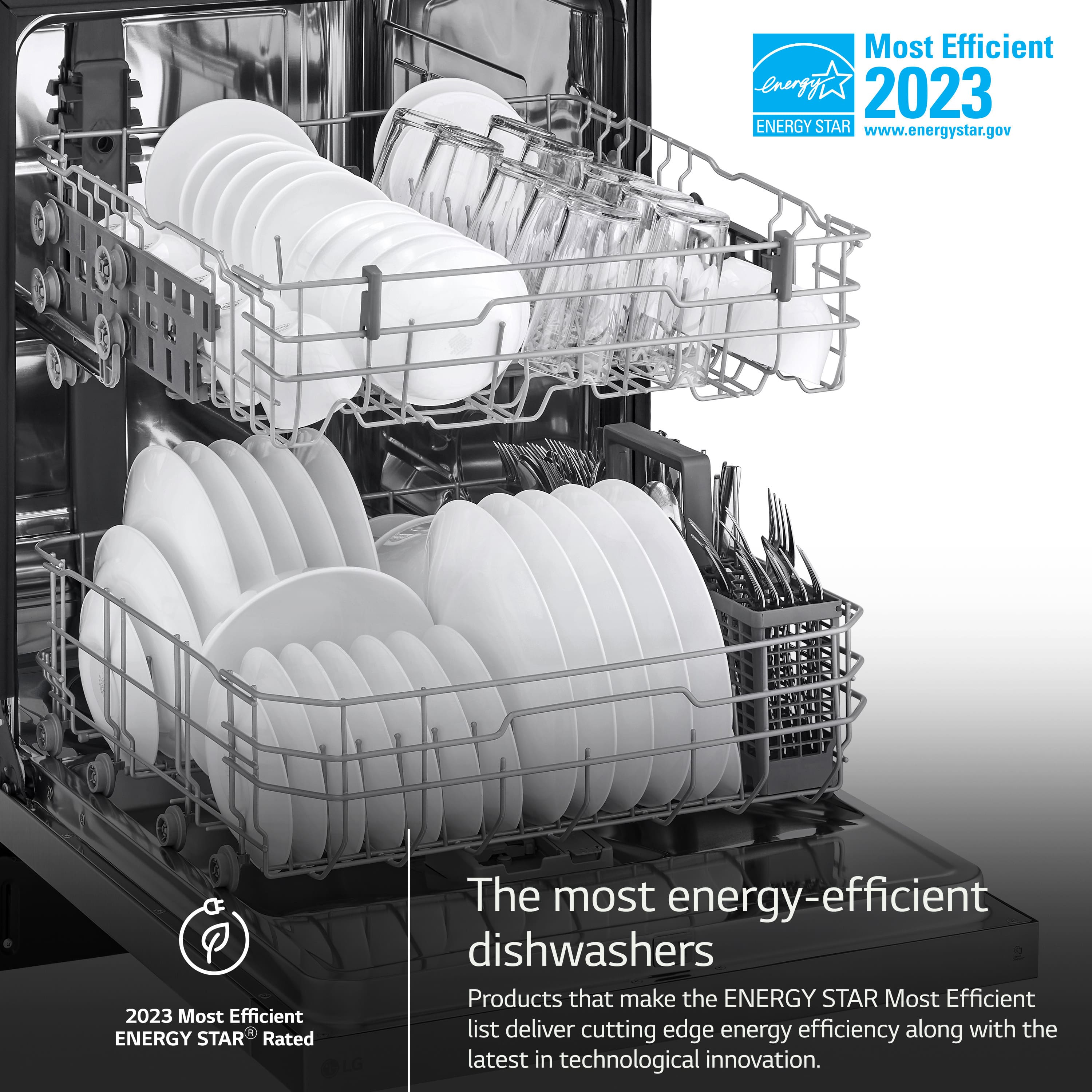 The image features a dishwasher with a rack full of dishes, including plates and cups. The dishwasher is described as being the most energy-efficient, as it is an ENERGY STAR rated product. The image is likely promoting the dishwasher as a product that delivers both energy efficiency and technological innovation. The dishwasher is placed in a kitchen setting, with a sink nearby.