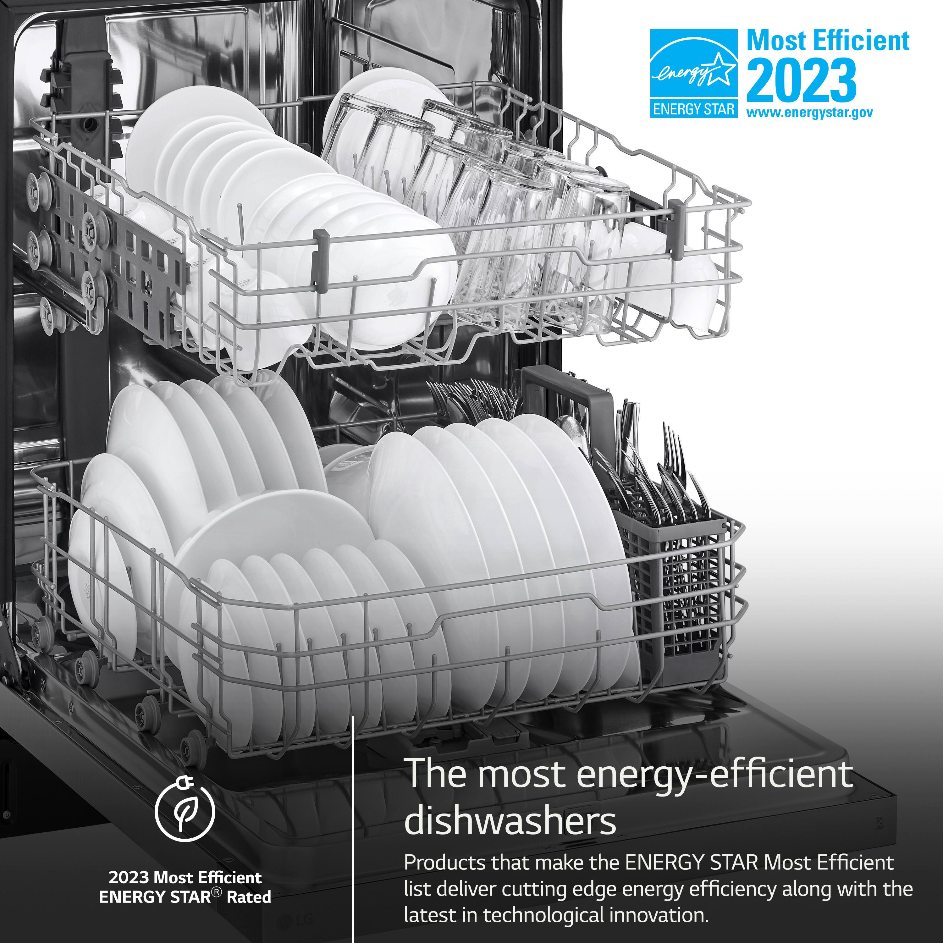 The image features a dishwasher with a rack full of dishes, including plates and cups. The dishwasher is described as being the most energy-efficient, as it is an ENERGY STAR rated product. The image is likely promoting the dishwasher as a product that delivers both energy efficiency and technological innovation. The dishwasher is placed in a kitchen setting, with a sink nearby.