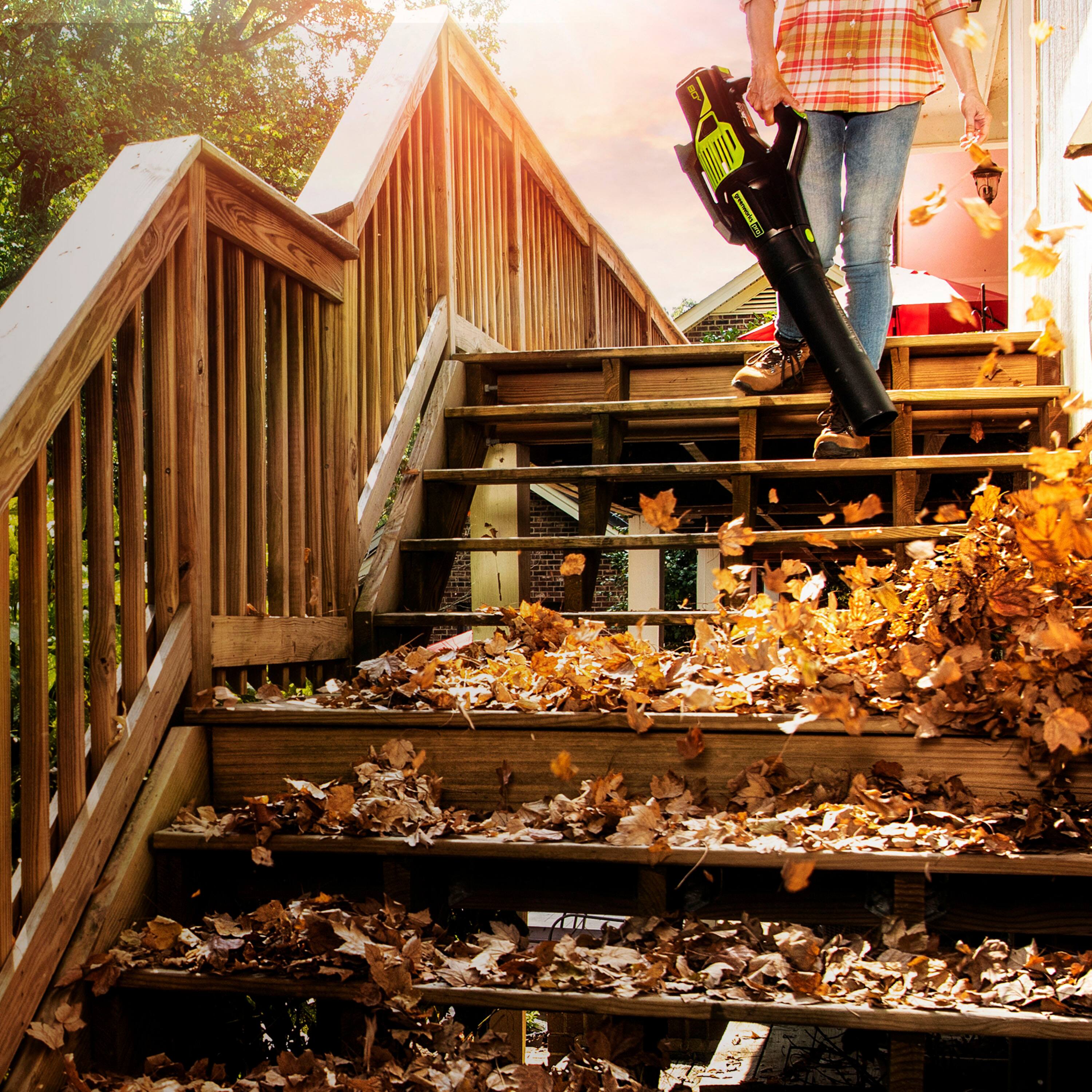 Alt View 13. Greenworks - 80V 21” Lawn Mower, 13” String Trimmer, and 730 Leaf Blower Combo with 4 Ah Battery & Charger) 3-piece combo - Green.