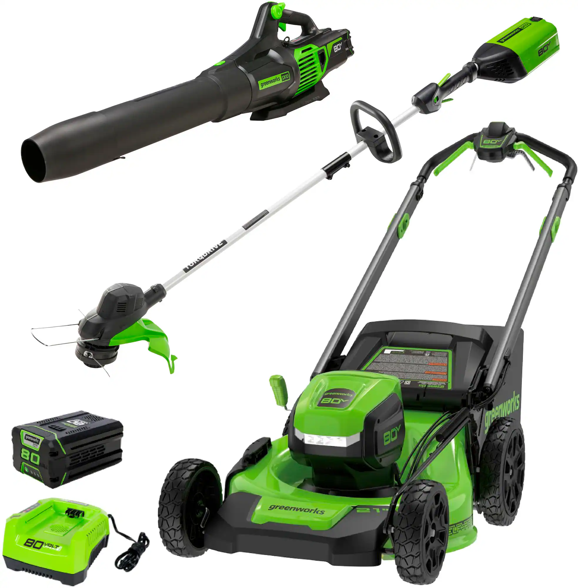 Zoom in on Front. Greenworks - 80V 21” Lawn Mower, 13” String Trimmer, and 730 Leaf Blower Combo with 4 Ah Battery & Charger) 3-piece combo - Green.