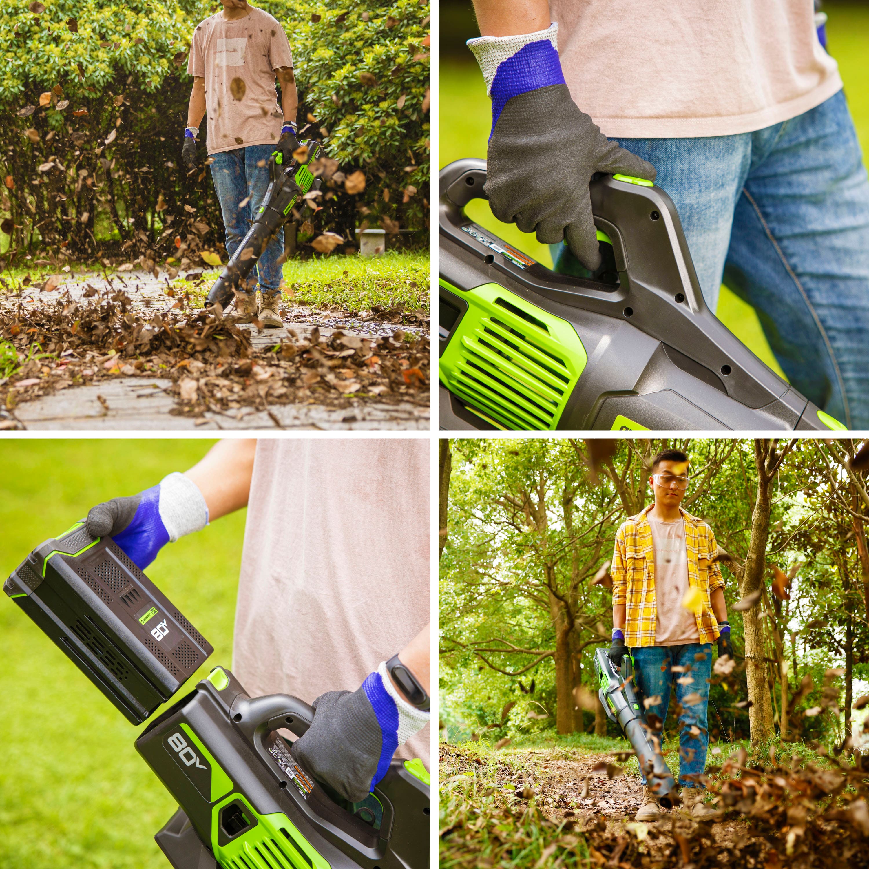 Alt View 22. Greenworks - 80V 21” Lawn Mower, 13” String Trimmer, and 730 Leaf Blower Combo with 4 Ah Battery & Charger) 3-piece combo - Green.