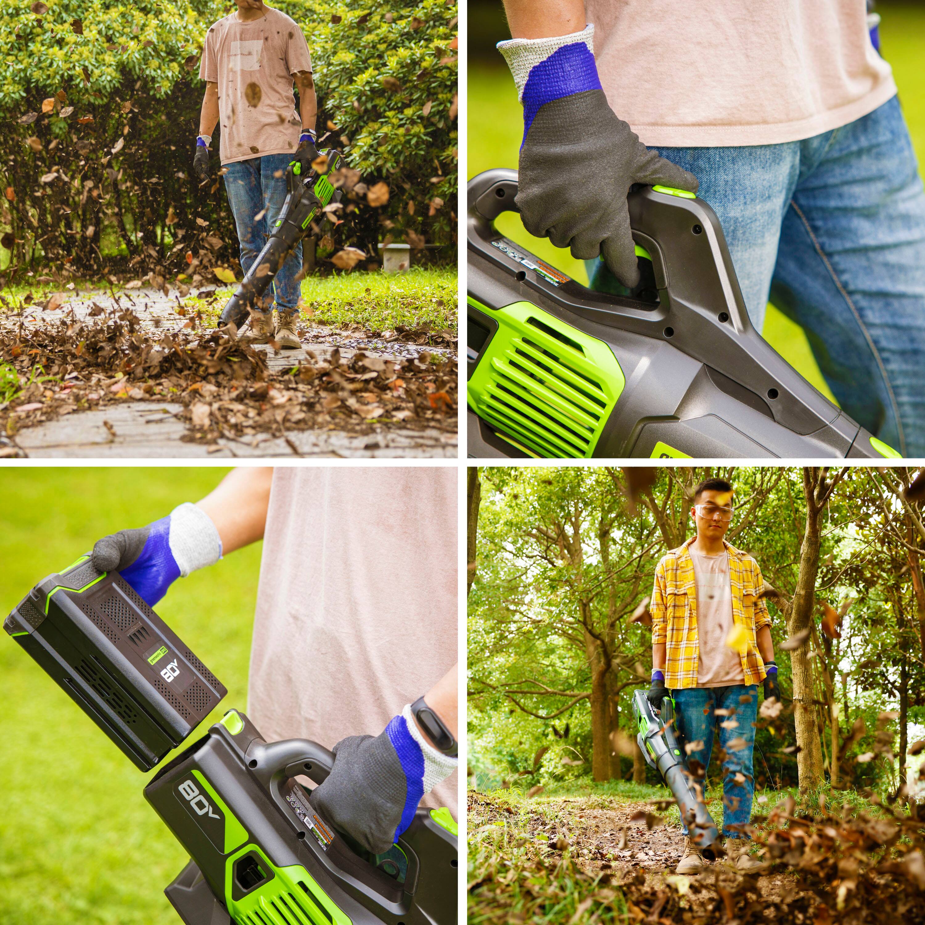 Alt View 22. Greenworks - 80V 21” Lawn Mower, 13” String Trimmer, and 730 Leaf Blower Combo with 4 Ah Battery & Charger) 3-piece combo - Green.