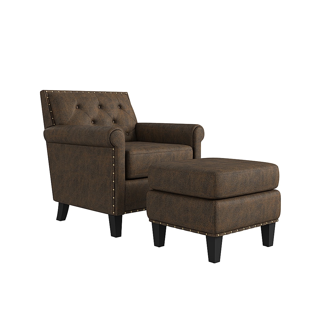 Angle View: Handy Living - Aviva Rolled Arm Distressed Faux Leather Traditional Arm Chair and Ottoman - Distressed Brown