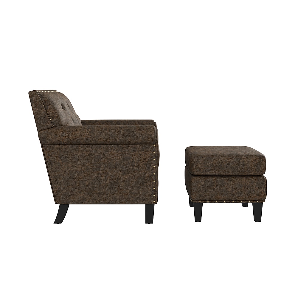 Left View: Handy Living - Aviva Rolled Arm Distressed Faux Leather Traditional Arm Chair and Ottoman - Distressed Brown