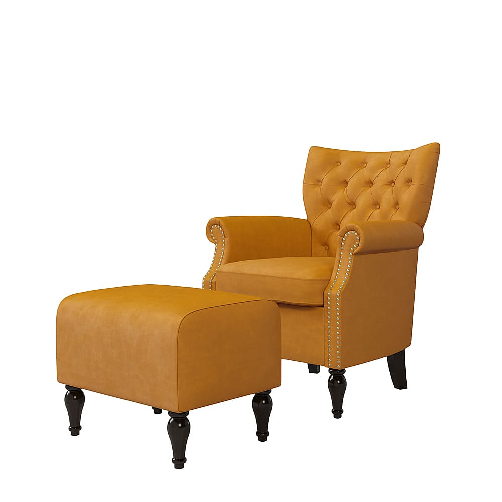 Left View: Handy Living - Minstral Rolled Arm Traditional Velvet Armchair and Ottoman - Mustard Gold