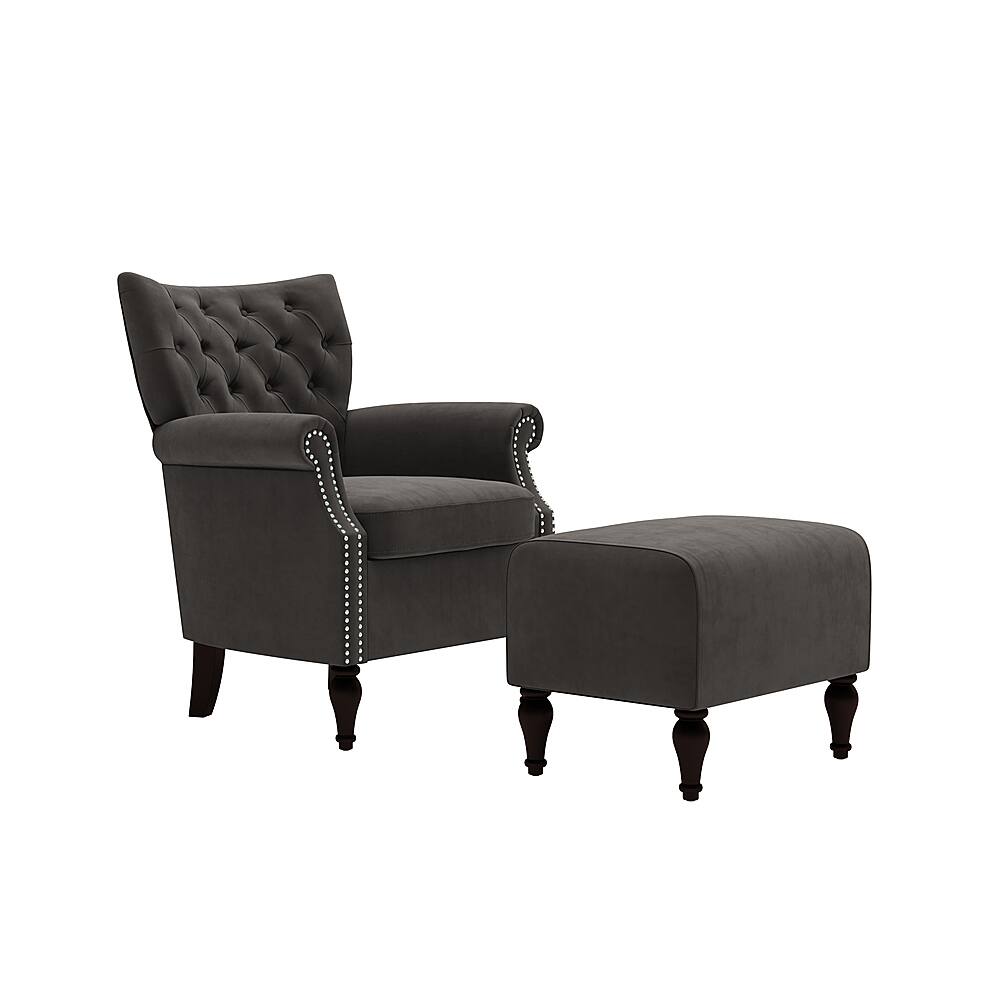 Best Buy Handy Living Minstral Rolled Arm Traditional Velvet Armchair and Ottoman Charcoal Gray