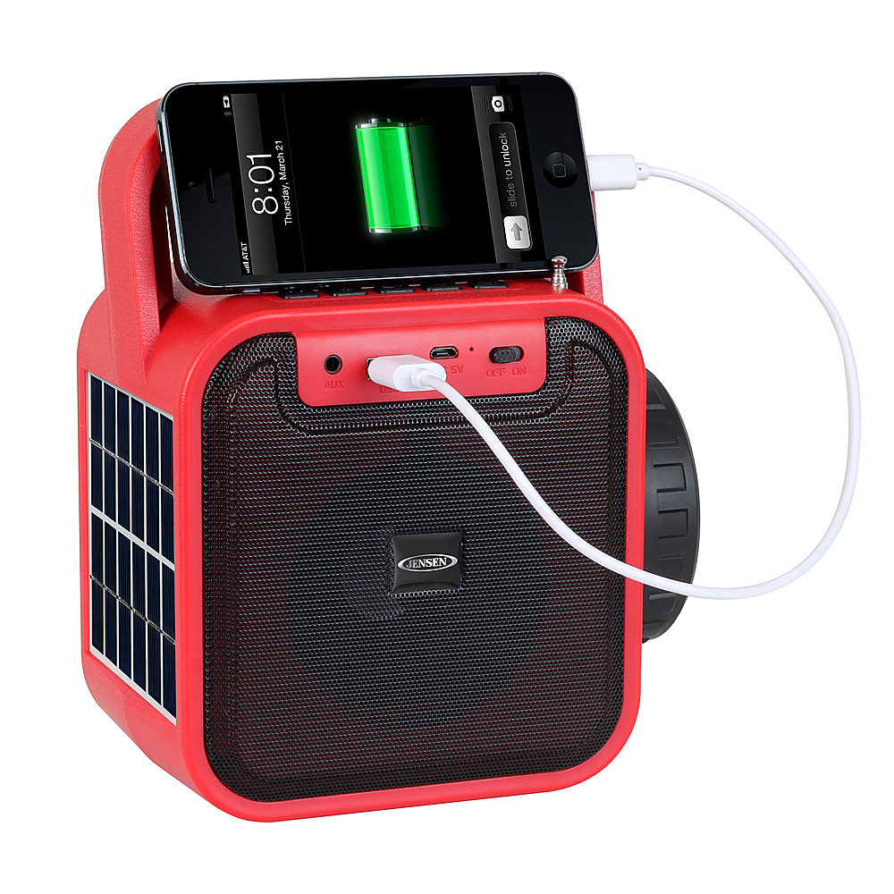 Left View: Jensen - Portable Bluetooth Rechargeable Speaker w/ Built-in Emergency USB Charging Port - Black/Red