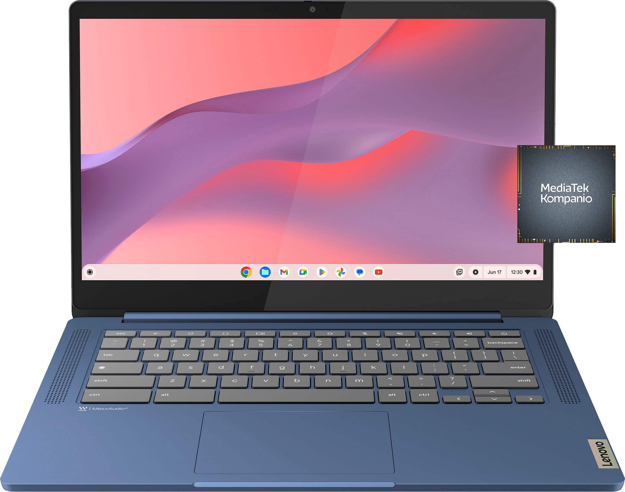 Angle. Lenovo - IdeaPad Slim 3 Chromebook Laptop - 14" FHD Touchscreen Laptop - MediaTek Kompanio 520 - 4GB Memory - 64GB eMMC - Abyss Blue.