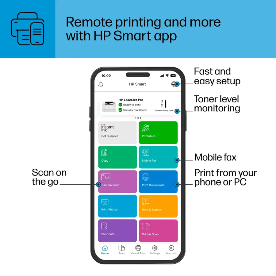 Remote Printing and More with HP Smart App:

1. HP Smart 100: Fast and Easy Setup
2. HP LaserJet Pro Ready: Print
3. Security Monitored: Instant Ink Delivery & Supplies
4. Toner Level Monitoring
5. Mobile Fax: Scan on the Go
6. Camera Scan: Print Documents
7. Print from Your Phone or PC
8. Print Photos
9. Help & Support
10. Shortcuts
11. Printer Can Print, Scan, View & Print Settings
12. Account