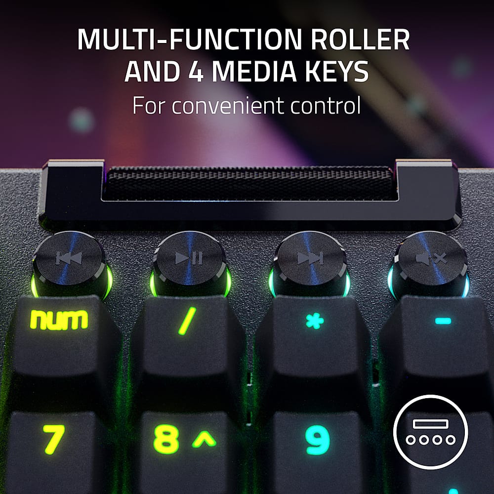 The image features a close-up of a keyboard with a multi-function roller and four media keys. The roller and media keys are designed to provide convenient control for various tasks, such as adjusting volume, skipping tracks, or controlling playback. The keyboard also has a number pad with numbers 1 through 9, as well as a set of arrow keys for navigation. The combination of these features makes the keyboard suitable for a wide range of applications, from gaming to multimedia editing.