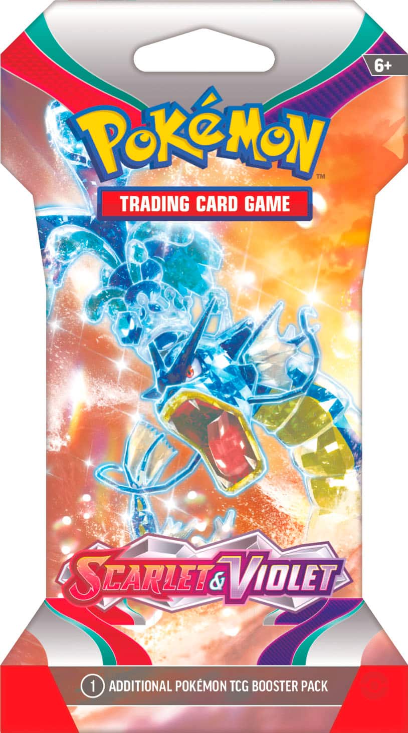 The text on the image is: "6+ PoKeMoN TM TRADING CARD GAME SCARLET & VIDLET 1 ADDITIONAL POKMON TCG BOOSTER PACK".