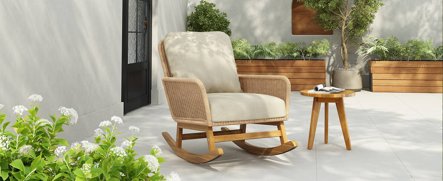 Left. Tiramisubest - Minimalist Wicker Rocking Chair with Polyester Cushions and Wooden Frame for Indoor and Outdoor Spaces,Beige - Beige.