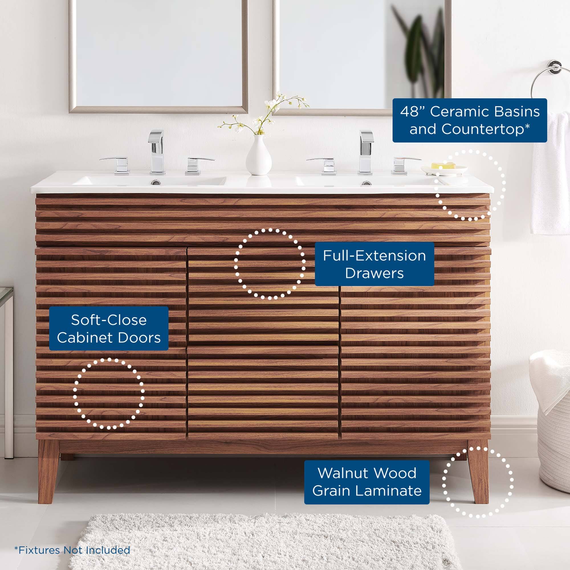 48" Ceramic Basins and Countertop*  
Full-Extension Drawers  
Soft-Close Cabinet Doors  
Walnut Wood Grain Laminate  
*Fixtures Not Included