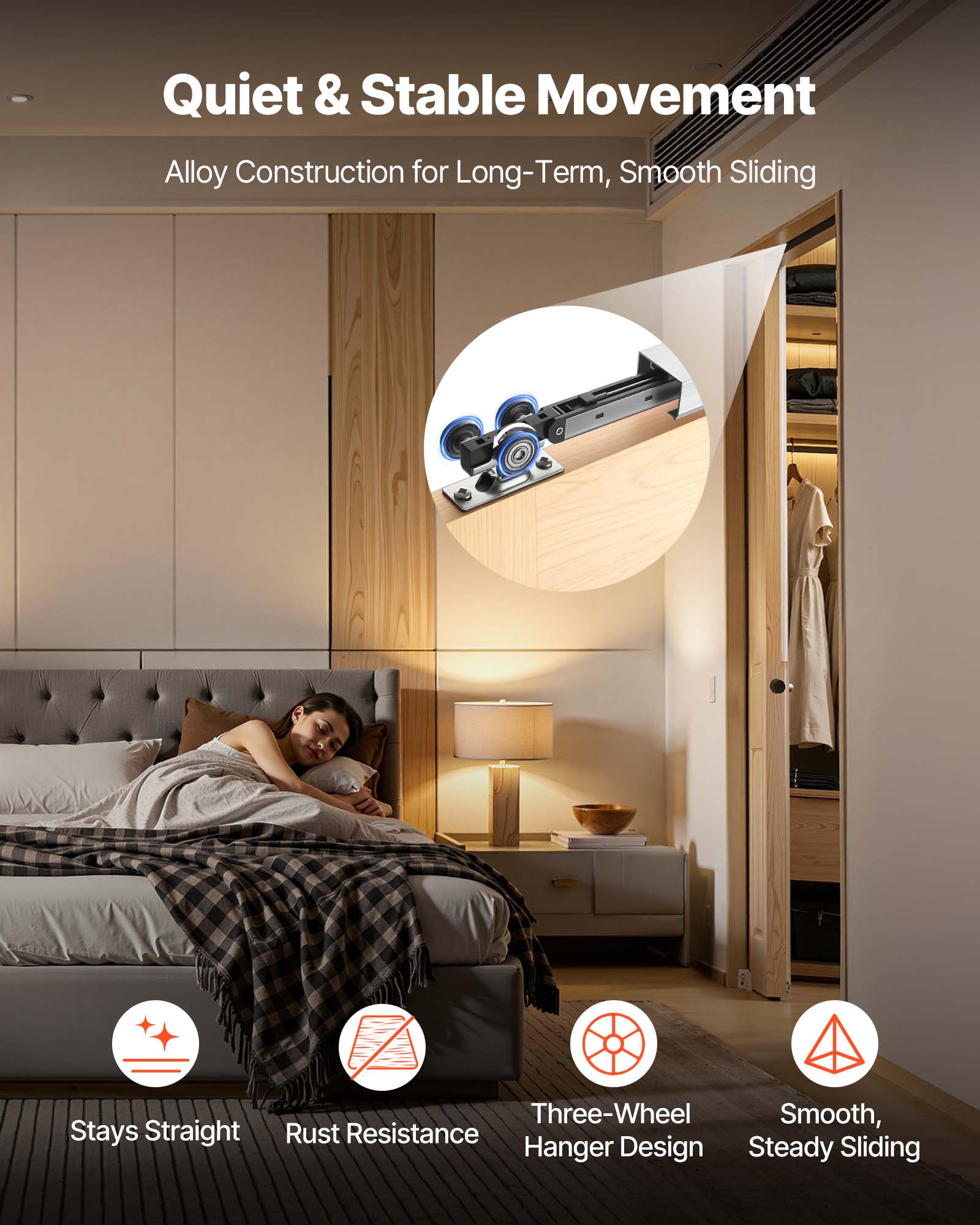 Quiet & Stable Movement  
Alloy Construction for Long-Term, Smooth Sliding  
Three-Wheel Smooth, Stays Straight  
Rust Resistance  
Hanger Design Steady Sliding