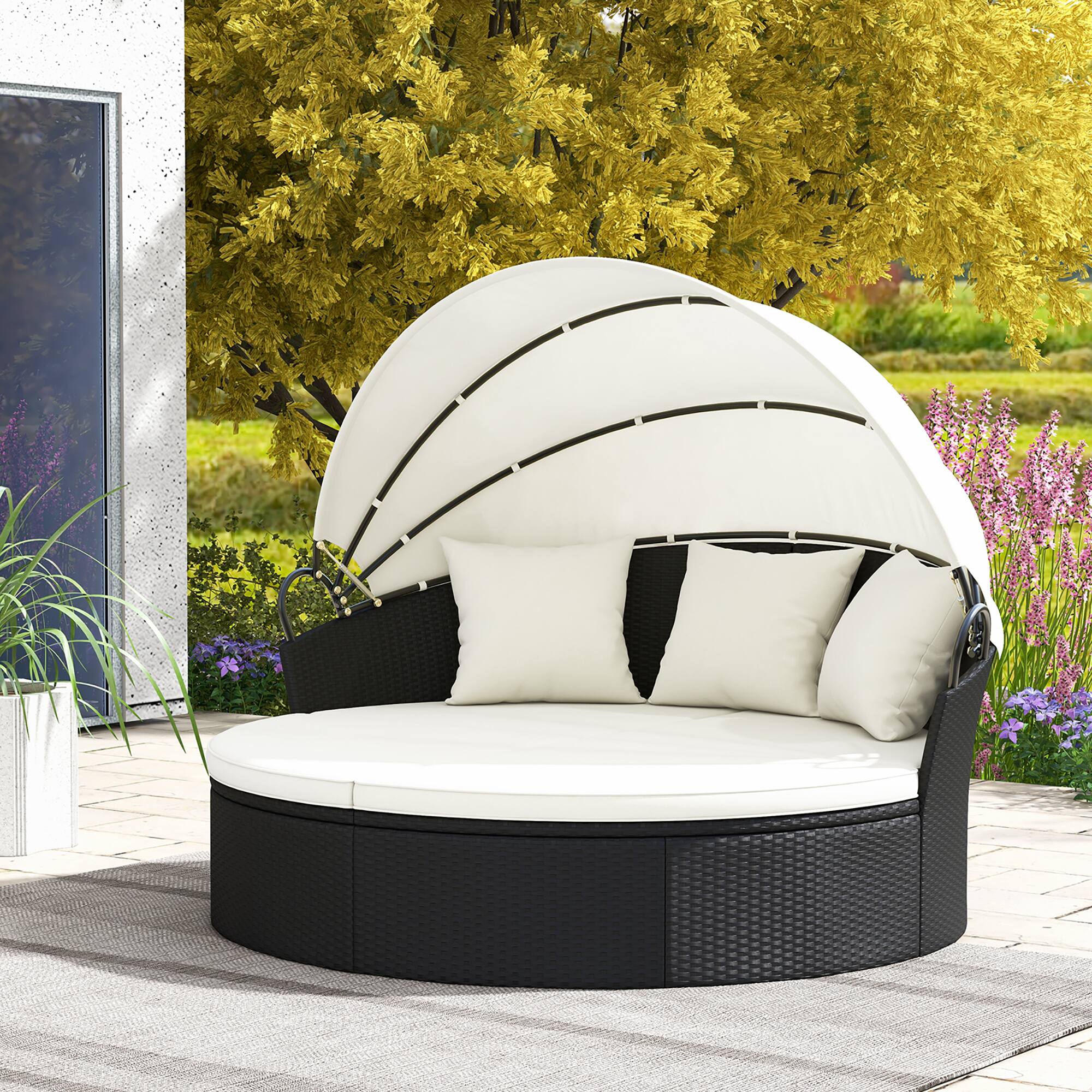 Alt View 1. Gymax - Gymax Patio Round Daybed Wicker Daybed w/ Retractable Canopy Separated Seating Sectional Sofa Black & White - Black, White.