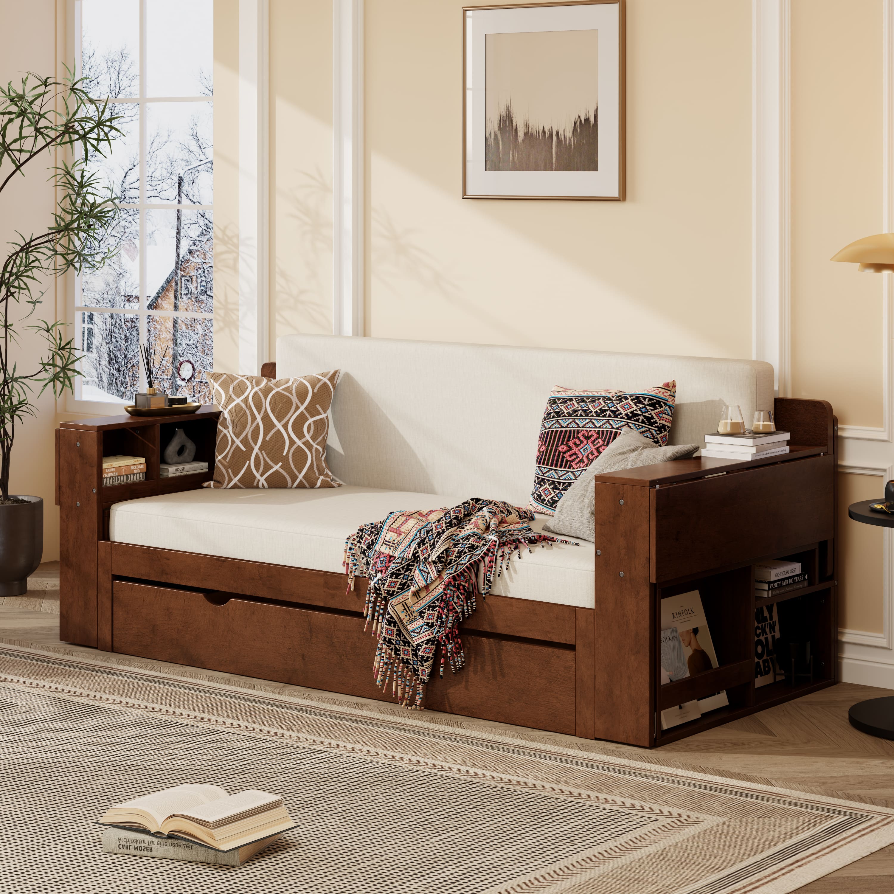 Anysun - Queen Size Daybed with Removable Desk, Storage Drawers & Hydraulic Side Table - Espresso