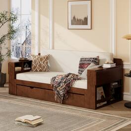 Anysun - Queen Size Daybed with Removable Desk, Storage Drawers & Hydraulic Side Table - Espresso