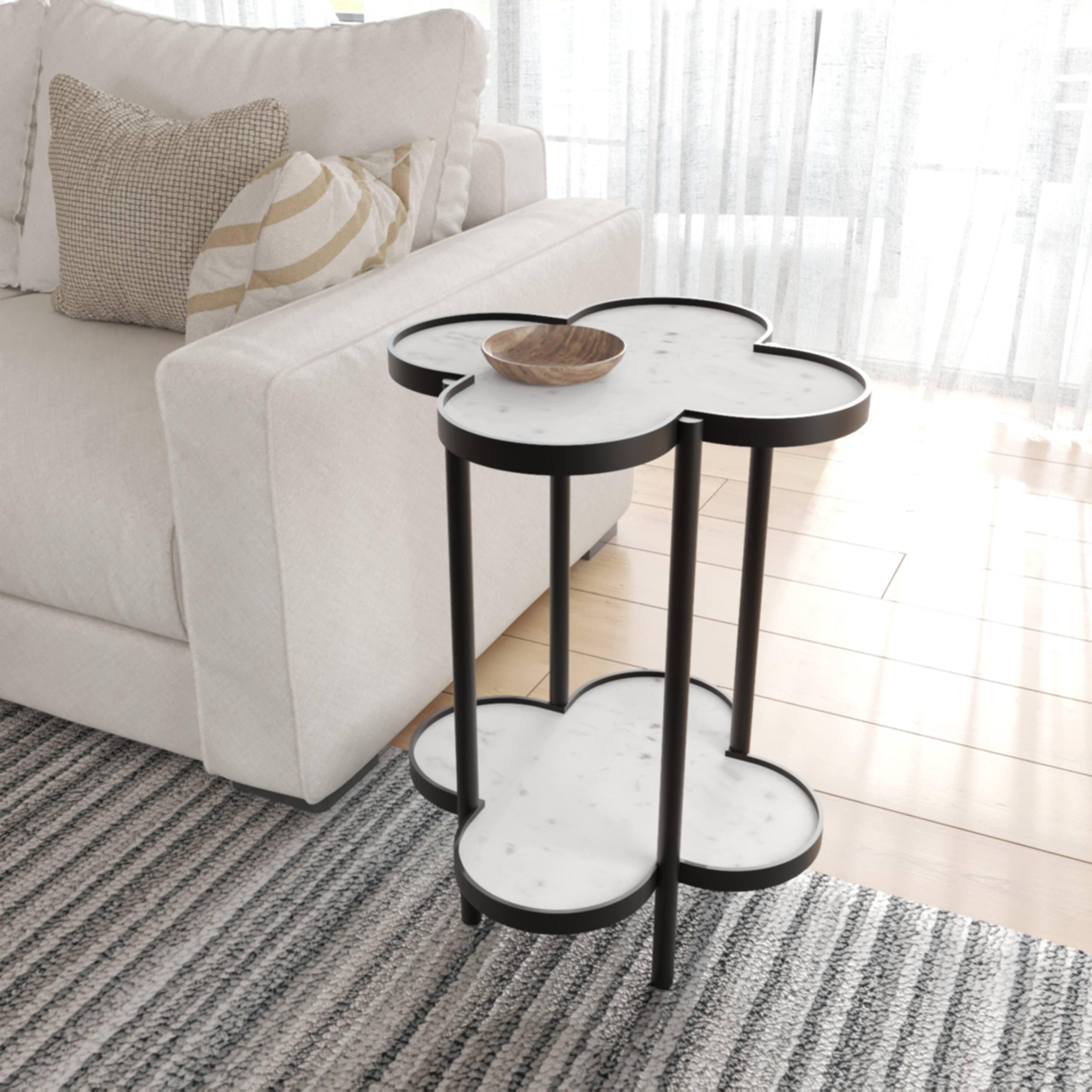 Alt View 9. Manhattan Lane - Chloe Side End Table, White Genuine Marble Clover Shape Top With Black Iron Frame - Black, White.