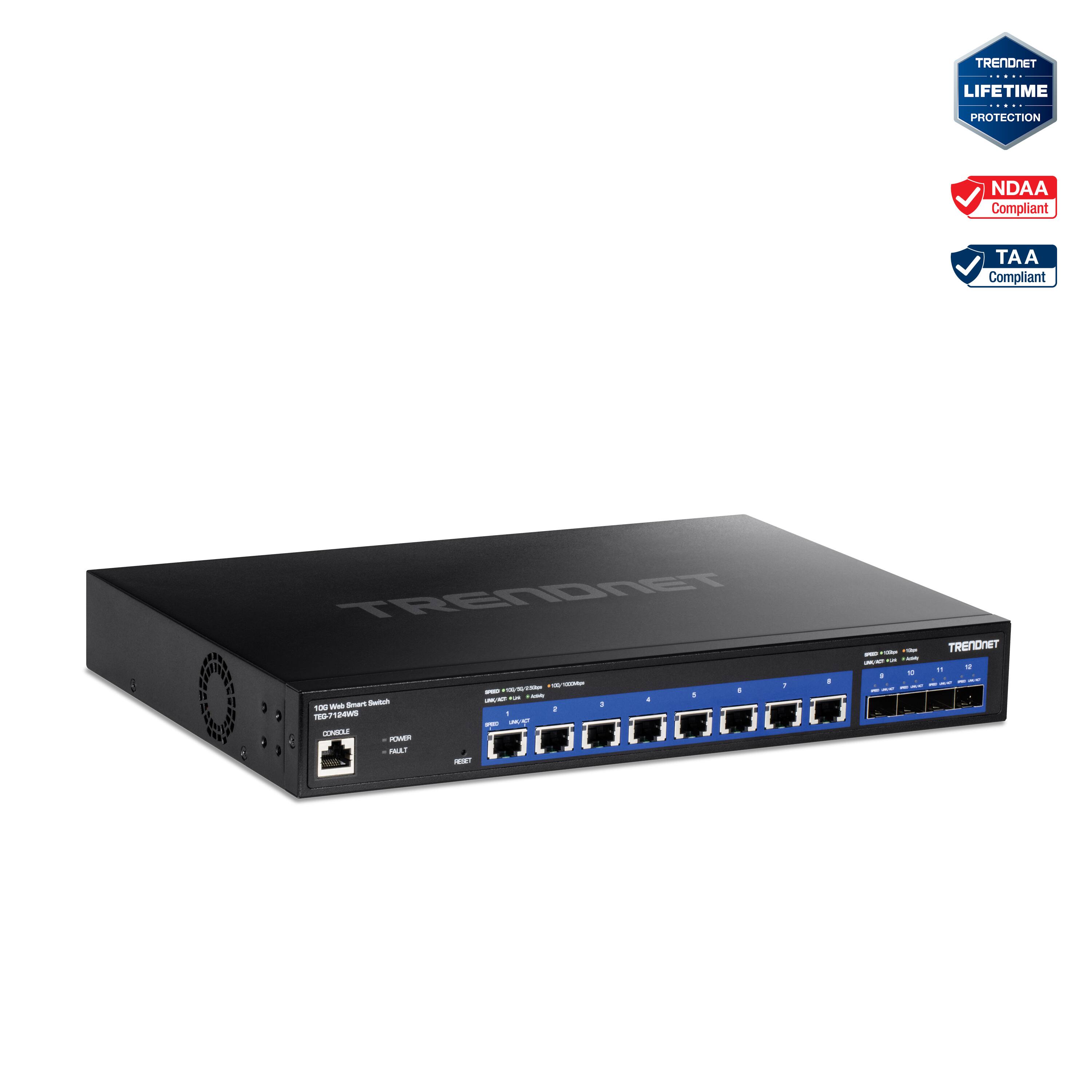 TRENDnet Lifetime Protection  
NDAA Compliant  
TAA Compliant  

TRENDnet  
108-Port Web Smart Switch  

CONSOLE  
POWER  
FAULT  
RESET