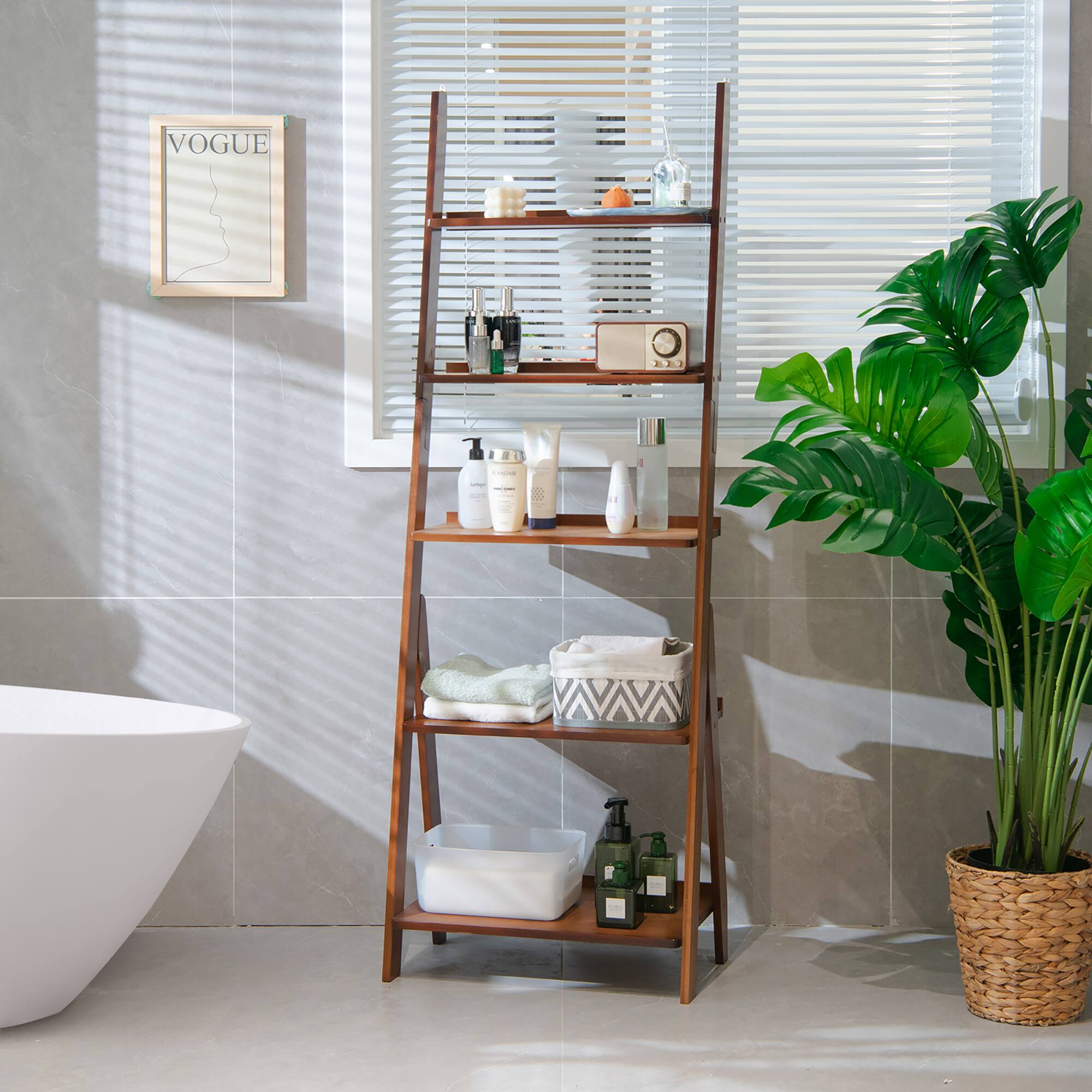 Alt View 1. Costway - Costway 5-Tier Bamboo Ladder Shelf Bookshelf Display Storage Rack Flower Stand - Coffee.