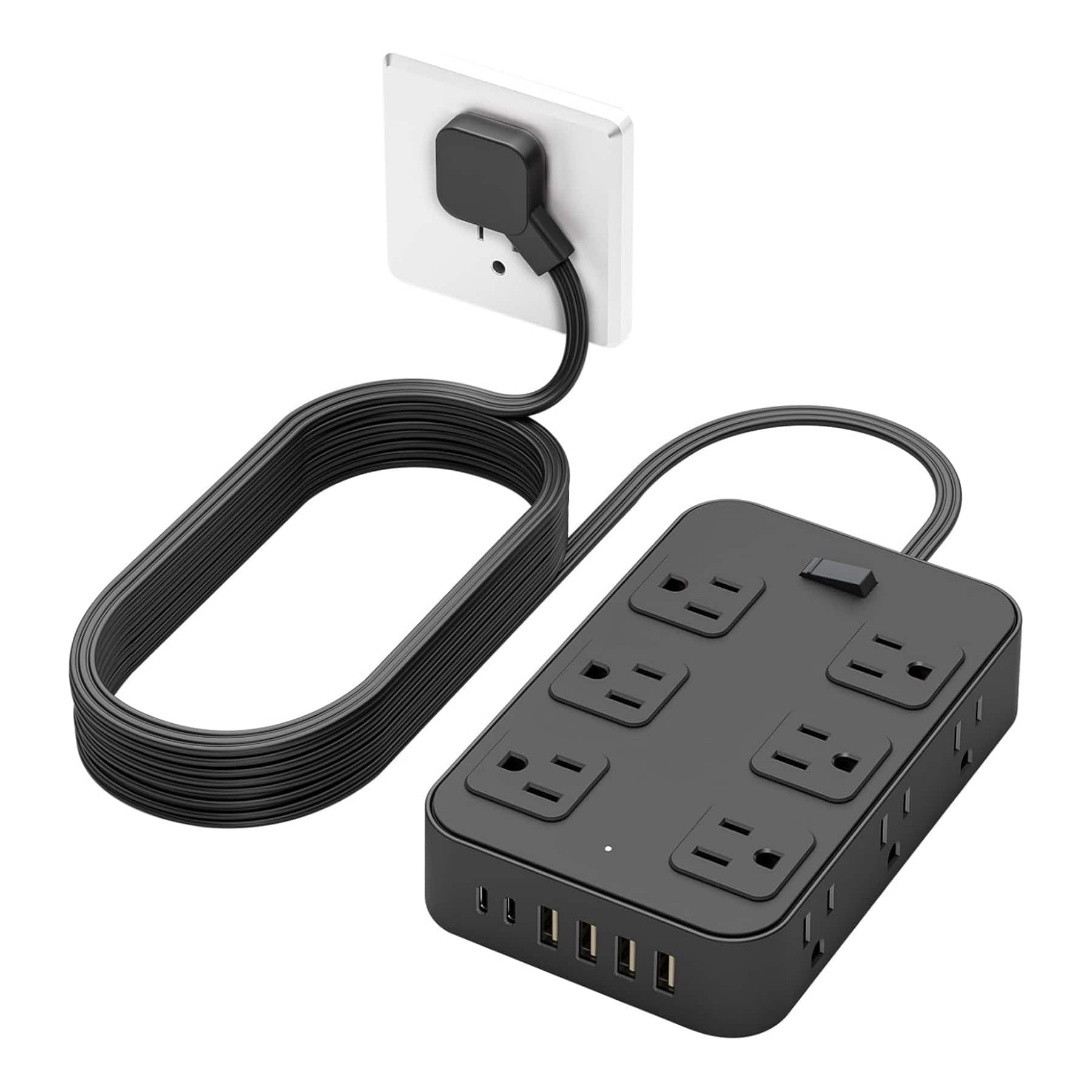 Dazzed Corner - Flat Plug Power Strip Surge Protector with 12 AC Outlets 6 USB Ports,5 Ft Extension Cord - Black
