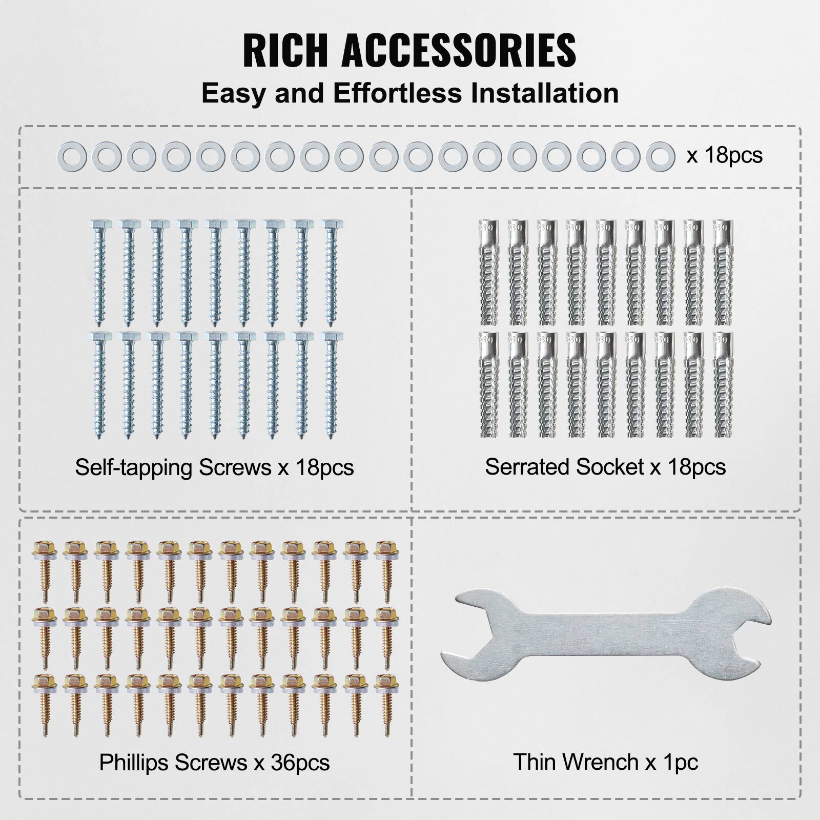 RICH ACCESSORIES  
Easy and Effortless Installation  

- Self-tapping Screws x 18pcs  
- Serrated Socket x 18pcs  
- Phillips Screws x 36pcs  
- Thin Wrench x 1pc