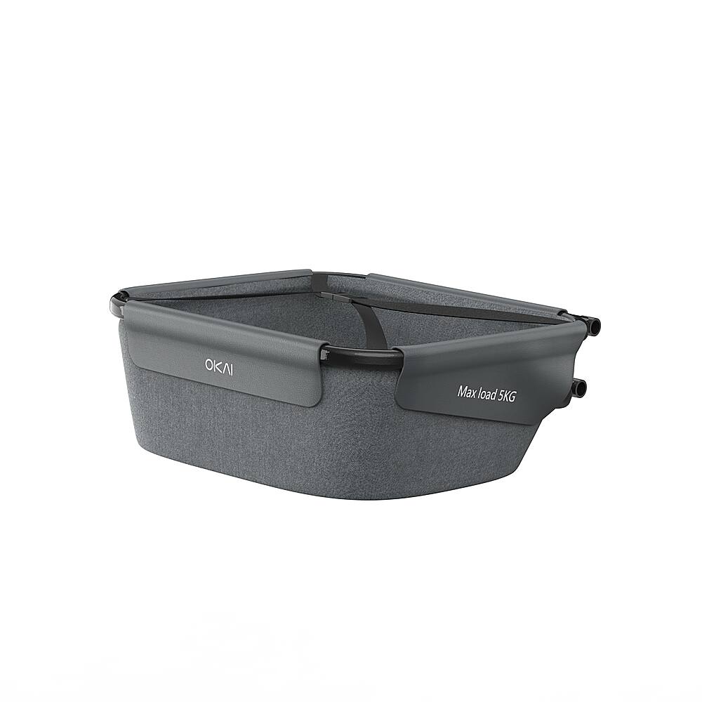 The image features a large grey basket with the text "OKN Max load 5KG" on it. The basket is designed to hold heavy items and is suitable for use with bicycles. The basket is empty in the image, with no visible objects inside.