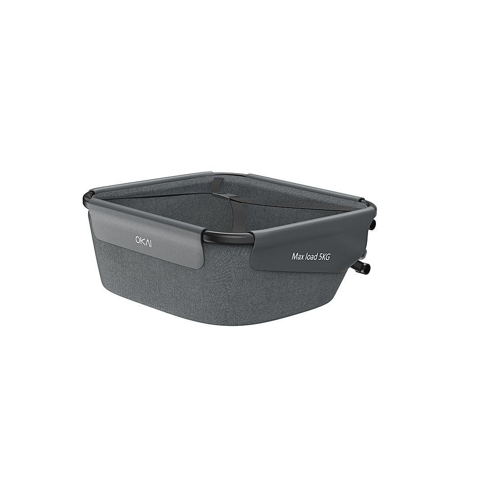 The image features a large gray basket with the text "OKN Max load 5KG" on it. The basket is designed to hold up to 5 kilograms of weight and is likely used for transporting items while riding a bicycle. The basket is empty in the image, but it is ready to be used for carrying various objects.