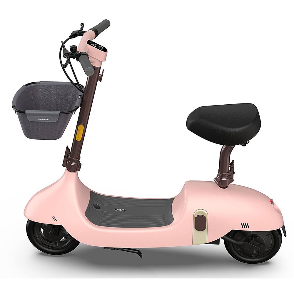 The image features a pink scooter with a basket attached to the front. The scooter is parked on a white background, making it stand out. The basket is located on the front of the scooter, providing a convenient storage space for small items. The scooter is designed for easy maneuvering and is equipped with a basket for added functionality.