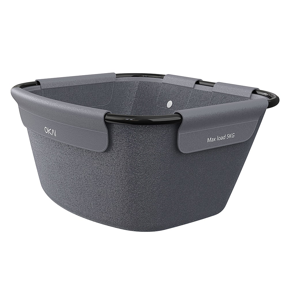 The image shows a large gray bowl, which is a bicycle basket. The basket is designed to hold up to 5 kilograms of weight, making it suitable for carrying various items while riding a bicycle. The basket is made of durable materials and has a black handle for easy grip and control.