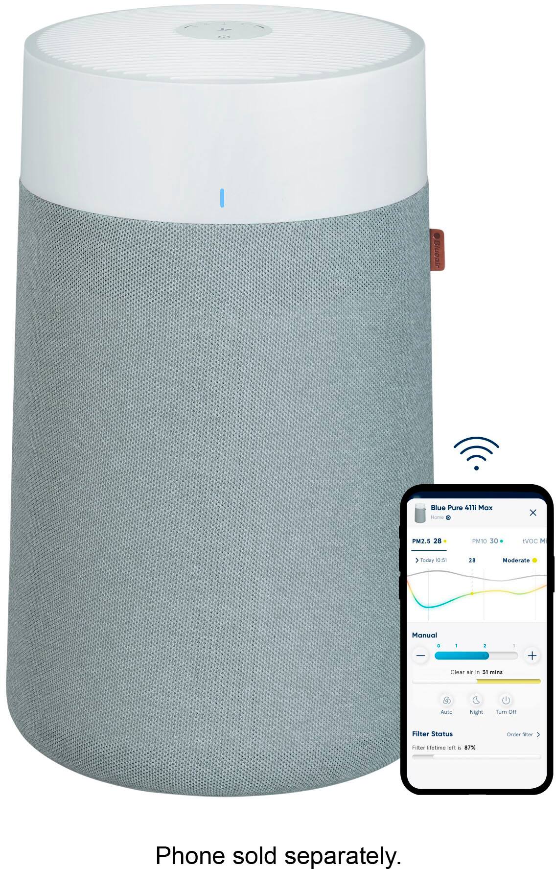 Blueair - Blue Pure 411i Max 1052 Sq. Ft HEPASilent Smart Small Room Bedroom Air Purifier - White/Gray