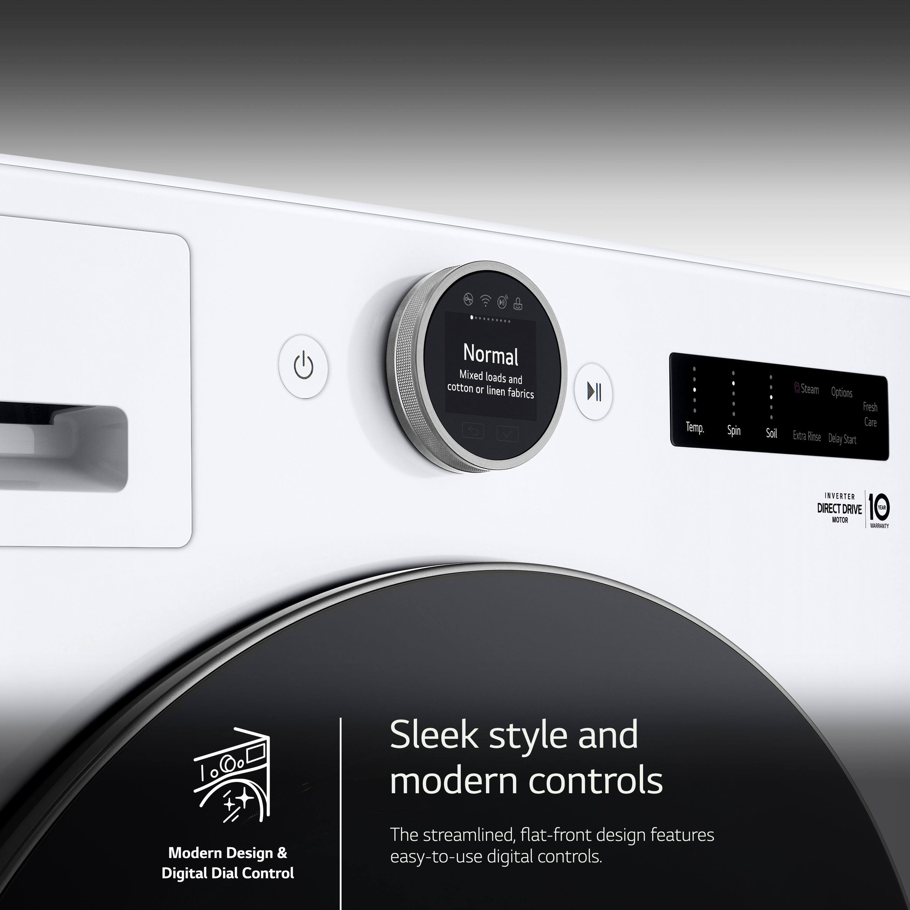 The image features a sleek style and modern controls with a streamlined, flat-front design. The digital dial control is easy to use and adds a modern touch to the appliance. The machine is designed for mixed loads and cotton or linen fabrics, and it has a spin cycle for soil removal. Additionally, it offers several options for fresh care and steam cleaning. The appliance is equipped with an inverter direct drive system, which provides energy efficiency and improved performance. The machine is also designed to handle various types of loads, including delicate and heavy-duty items.
