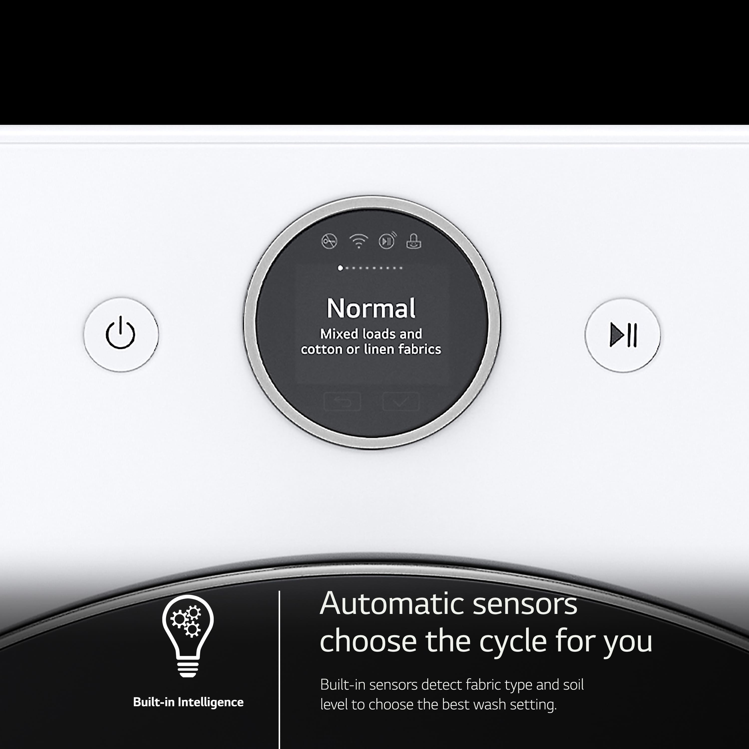 The image features a washing machine with a button labeled "Normal." This button is used for mixed loads and cotton or linen fabrics. The washing machine also has built-in intelligence and automatic sensors that choose the cycle for you. These sensors detect fabric type and soil level to choose the best wash setting.