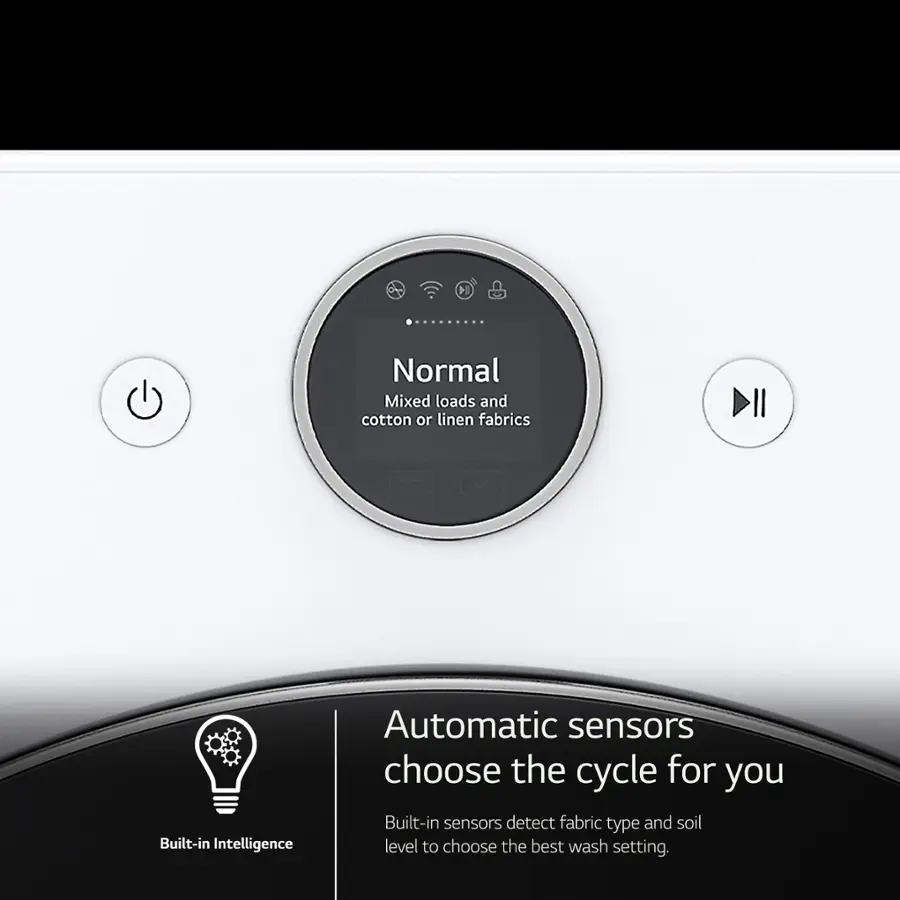 The image features a washing machine with a button labeled "Normal." This button is used for mixed loads and cotton or linen fabrics. The washing machine also has built-in intelligence and automatic sensors that choose the cycle for you. These sensors detect fabric type and soil level to choose the best wash setting.