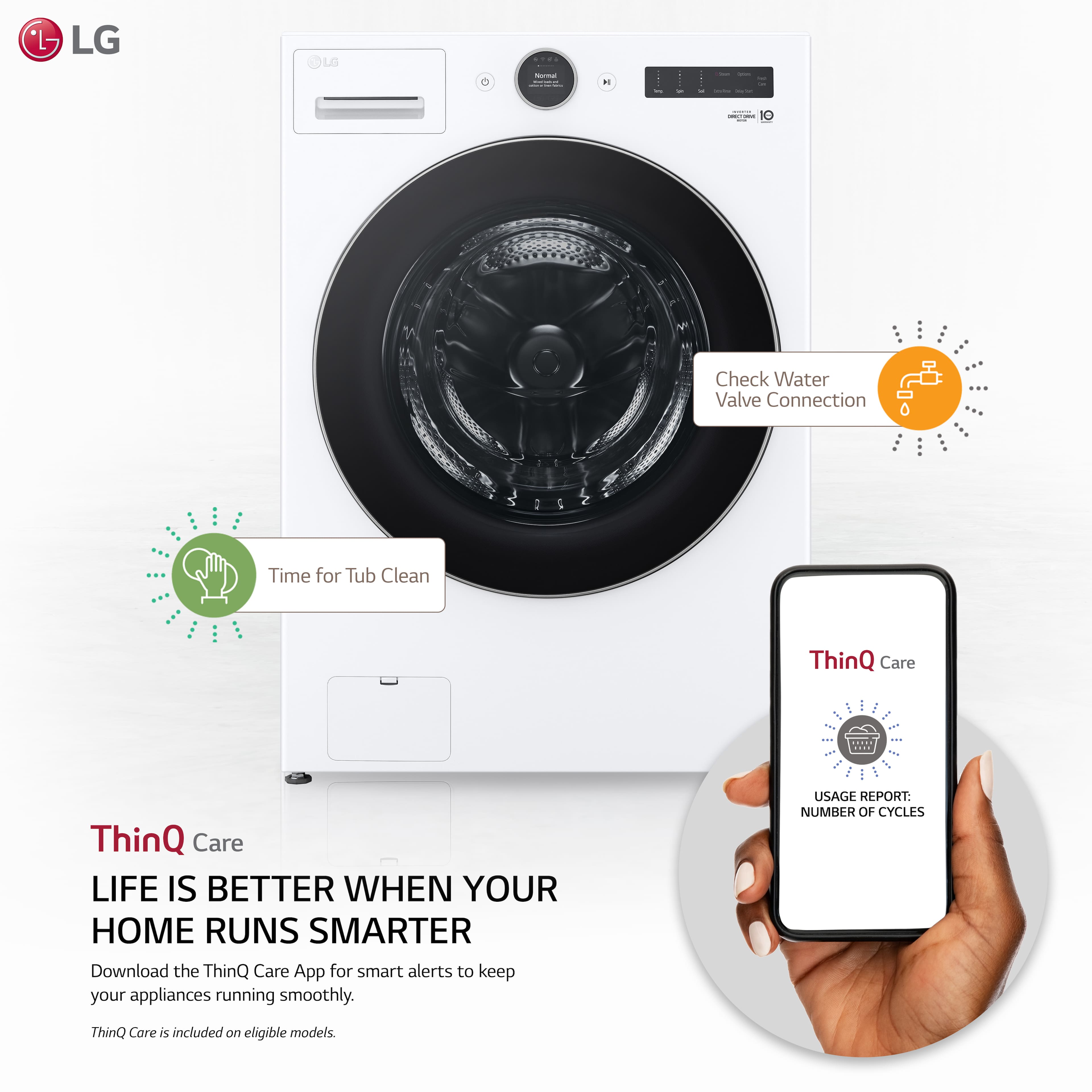 LG LG - ThinQ Care: Life is better when your home runs smarter. Download the ThinQ Care App for smart alerts to keep your appliances running smoothly. Usage report: Number of cycles. ThinQ Care is included on eligible models.