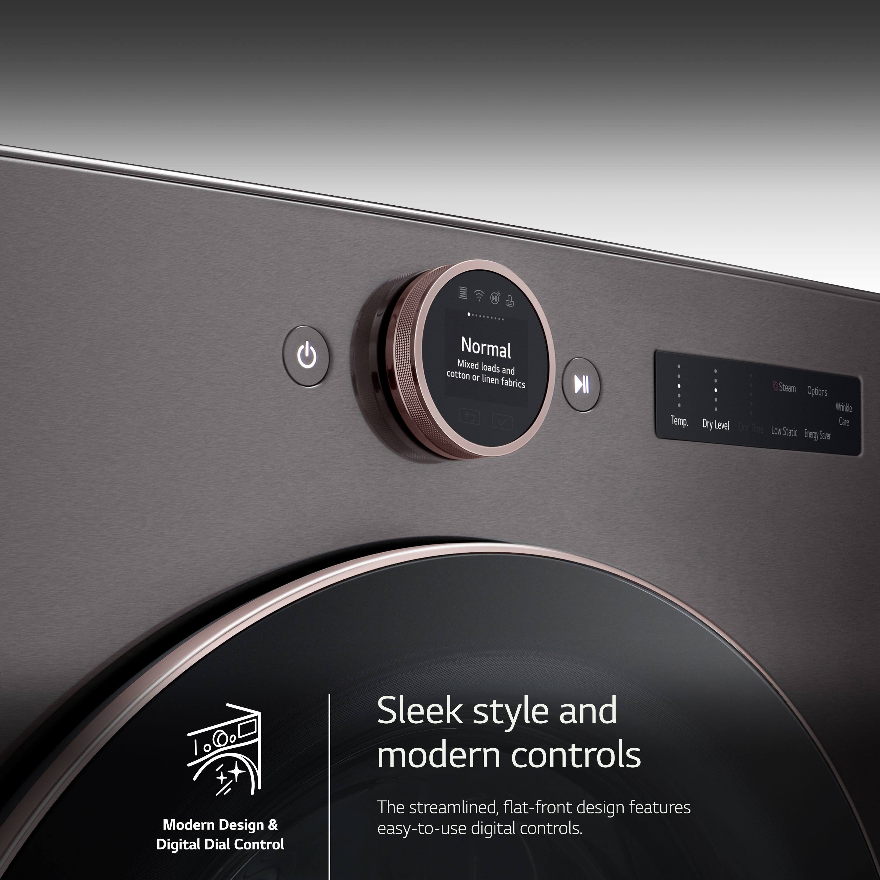 The image features a sleek style and modern controls with a streamlined, flat-front design. The digital dial control is easy to use, and the machine is designed to handle cotton and linen fabrics. The machine also offers a variety of drying options, including timed dry, auto dry, and air dry.