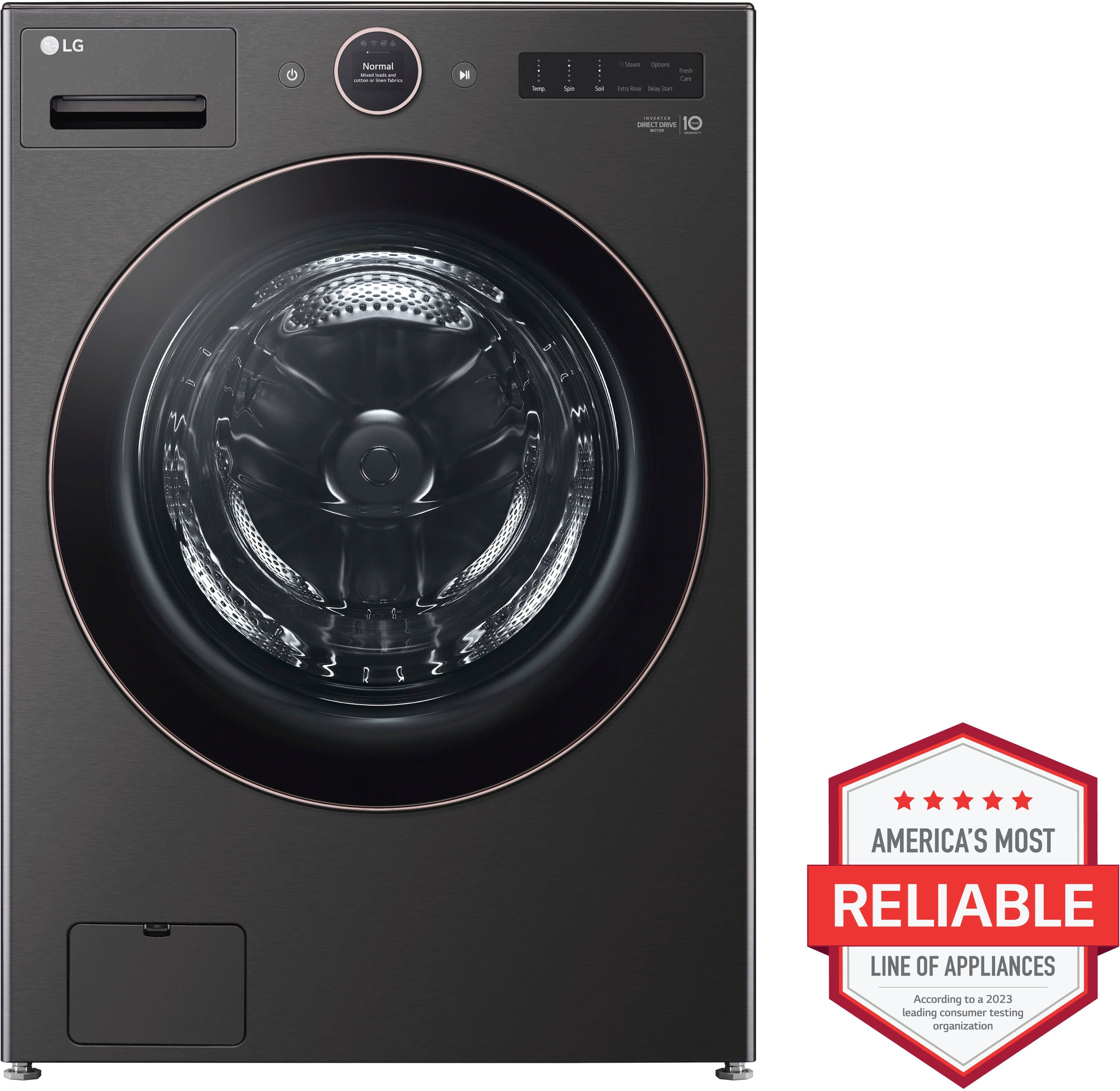 The image features a front-load washing machine with a large drum and a spin cycle. It is manufactured by LG and has a Neoma H design. The machine is black and has a large window on the door. The washer is described as America's most reliable line of appliances, as per the 2023 J.D. Power reading.