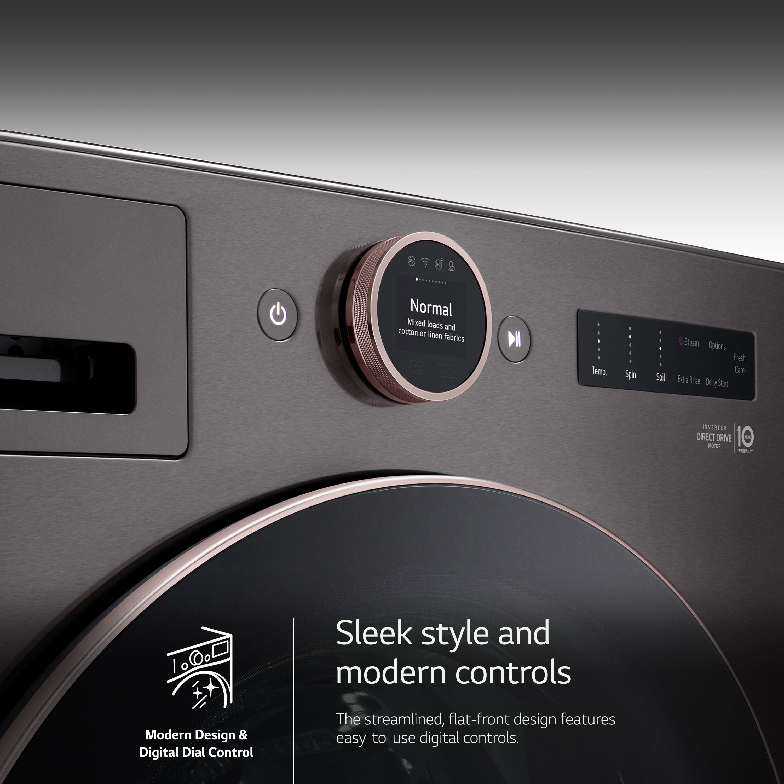The image showcases a modern front-loading washing machine with a sleek design and digital controls. The machine is designed to handle various types of fabrics, including cotton and linen, and offers steam options for fresher clothes. The digital dial control makes it easy to use, and the streamlined, flat-front design adds to its contemporary appearance.