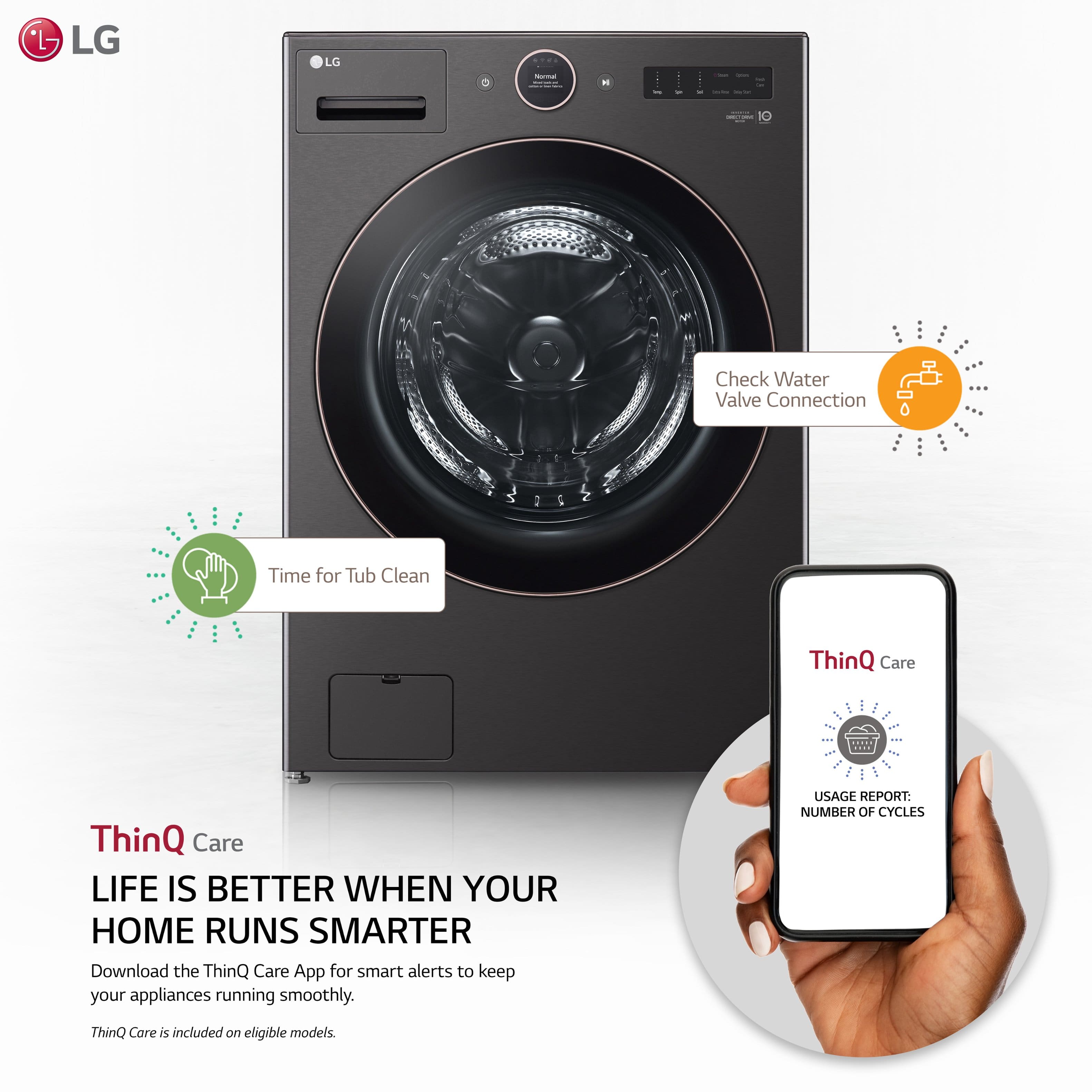 The image showcases a modern LG front-load washing machine, which is designed to be energy-efficient and environmentally friendly. The washer is equipped with ThinQ Care technology, which allows users to monitor and manage their appliances remotely through a smartphone app. The app provides alerts and usage reports, helping users keep their appliances running smoothly and efficiently. The image emphasizes the benefits of using smart home technology, such as the LG front-load washing machine, to improve the overall experience and sustainability of daily life.