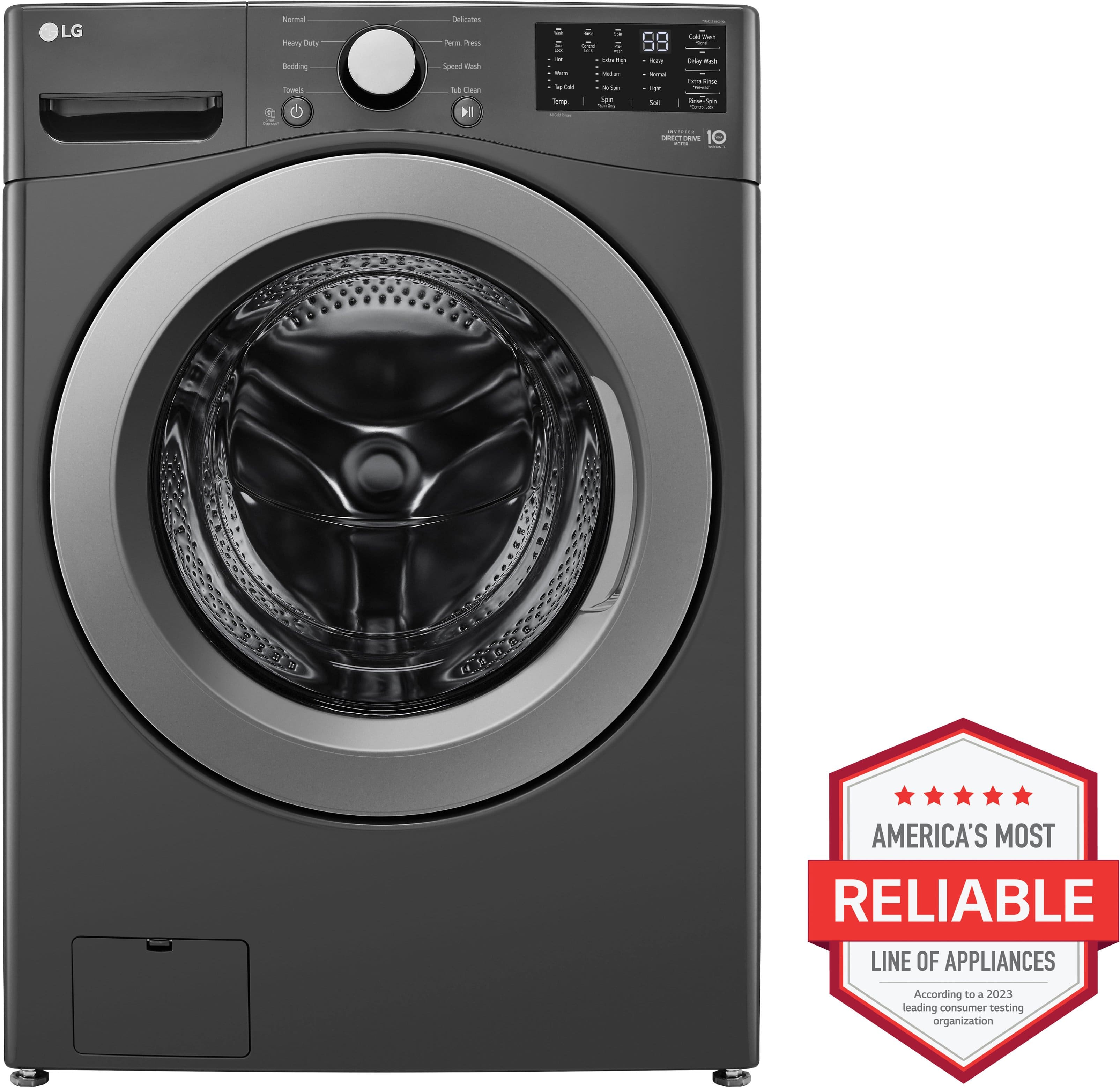 The image features a large black LG washing machine with a spin cycle. The machine has a stainless steel drum and a glass door. The washer is designed with a front load and is equipped with a digital display. The machine is advertised as America's most reliable line of appliances, as indicated by the logo and the award displayed in the image.