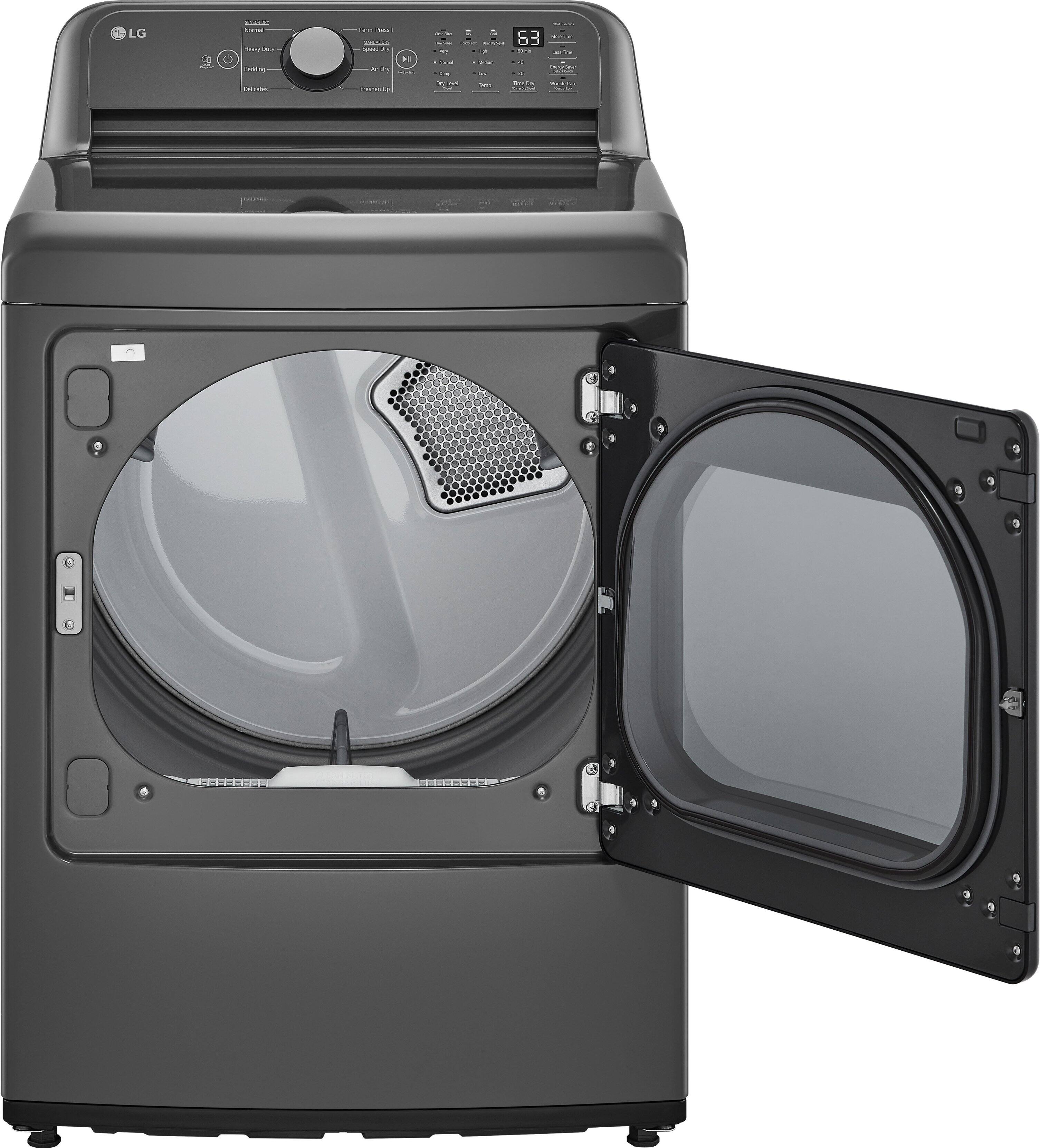LG washing machine with a glass door and a metal drum.