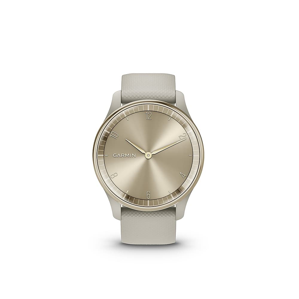 Left. Garmin - vívomove Trend Hybrid Smartwatch 40 mm Fiber-Reinforced Polymer - Cream Gold Stainless Steel with French Gray Band.