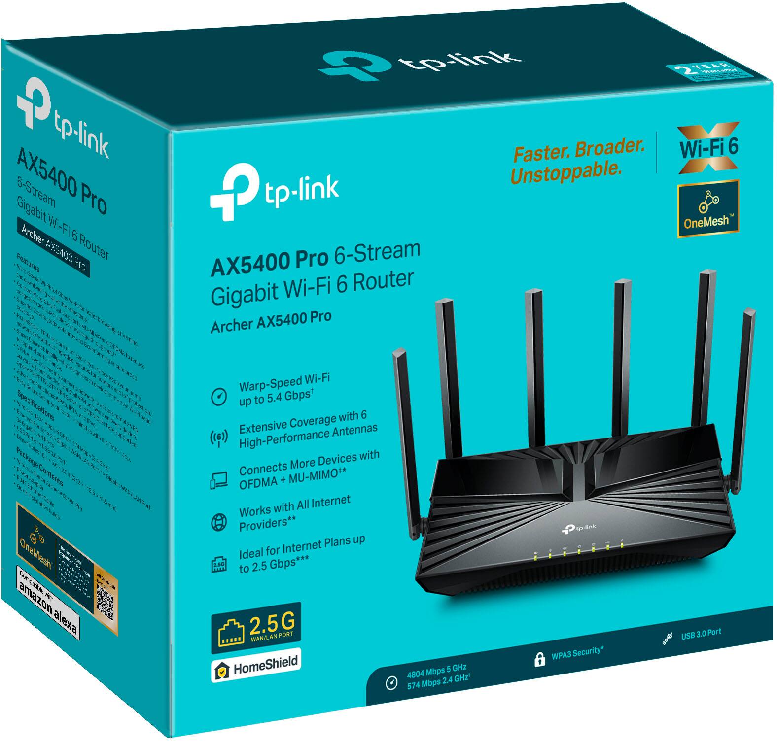 The text on the image is grouped and corrected as follows:

Features:
- Faster. Broader. Wi-Fi 6 Unstoppable.
- tp-link OneMesh AX5400 Pro 6-Stream Wi-Fi 6 Router
- Gigabit AX5400 Pro Archer
- Warp-Speed Wi-Fi up to 5.4 Gbps' with 6 Extensive Coverage Antennas
- High-Performance Devices with Connects More OFDMA + MU-MIMO** with All Internet Works Providers**
- Plans up to Ideal for Internet to 2.5 Gbps***
- 2.5G FORT mANC HomeShield 5 GHz 4804 Mops 2.4 GHz 574 Mbps
- WPA3 Security*
- USB 3.0 Port