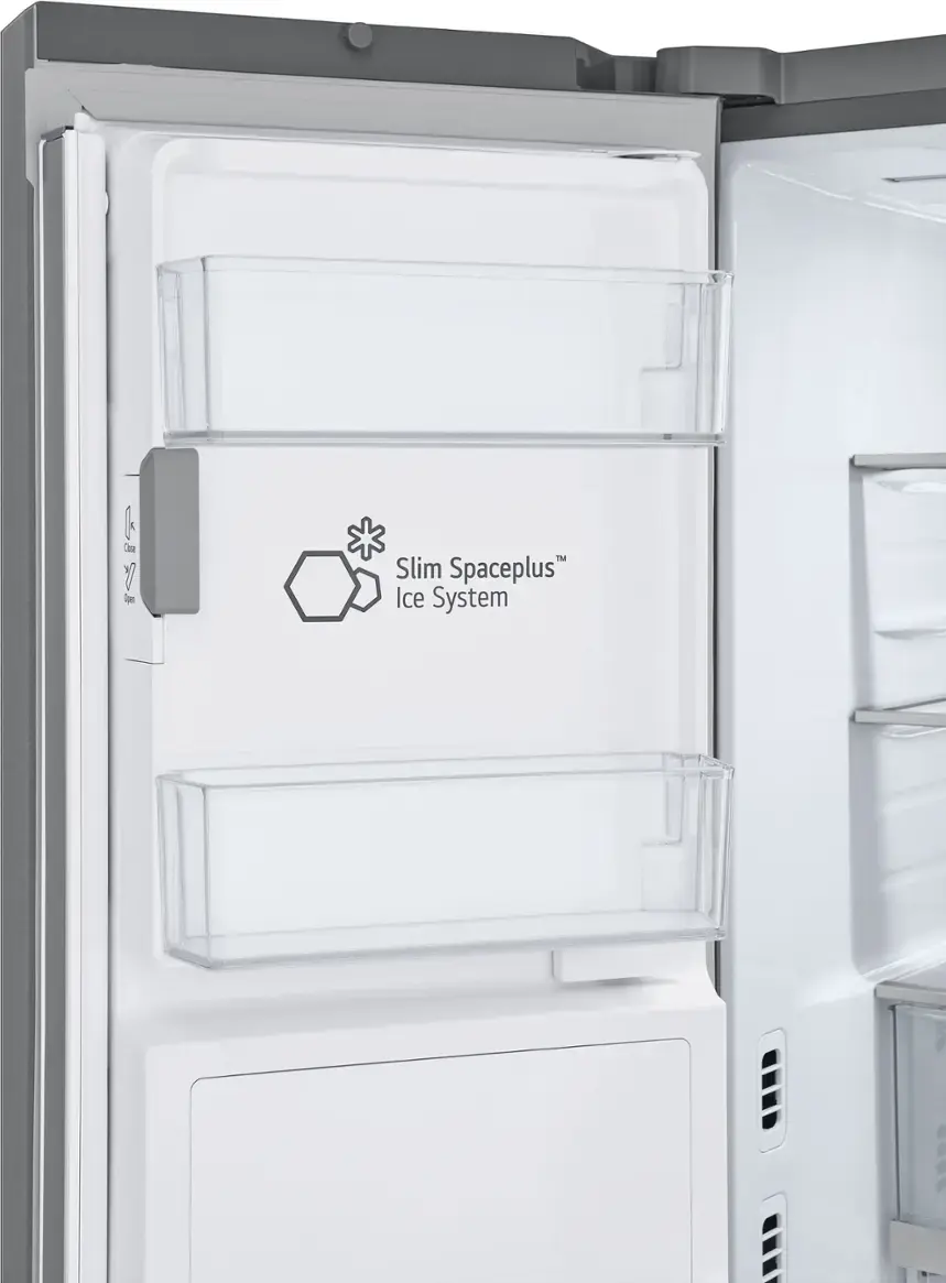 The image features a large, built-in, full-size refrigerator with a freezer section. The refrigerator is filled with various bottles, showcasing its spacious interior. The refrigerator is designed with a counter-depth style, providing a sleek and modern appearance.
