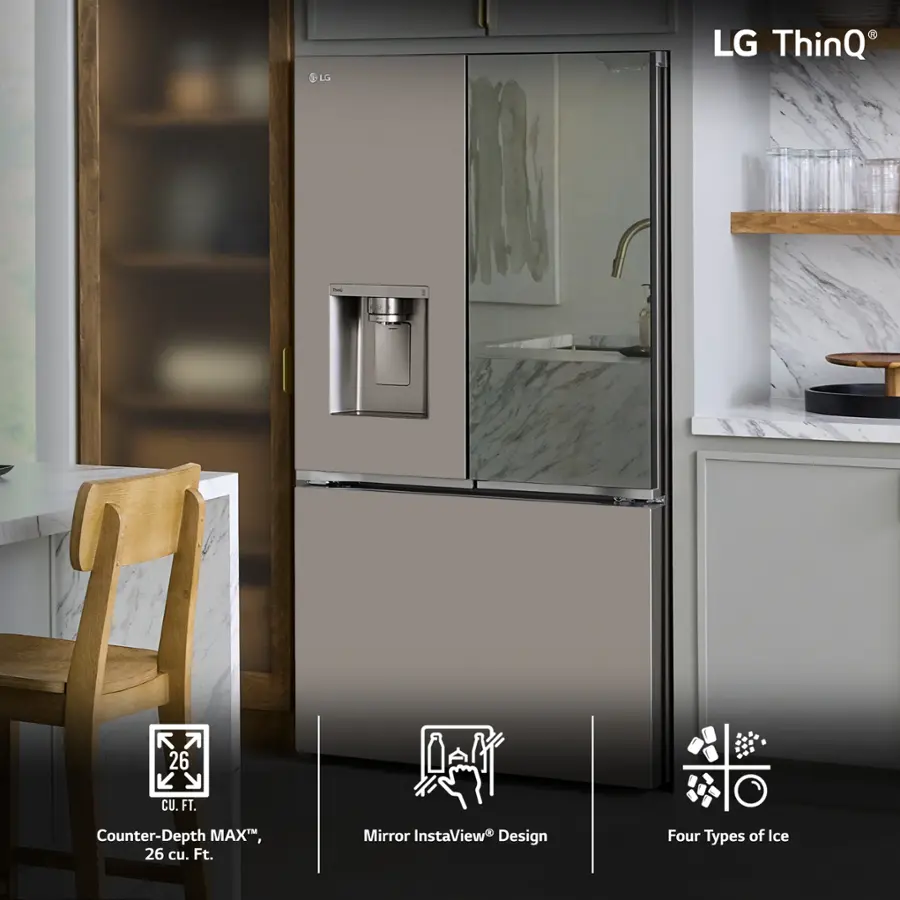 The image features a kitchen with a large refrigerator, which is an LG ThinQ model. The refrigerator is placed in a corner of the kitchen, and it has a counter-depth design. The kitchen also includes a sink and a dining table with a chair. The refrigerator is equipped with four types of ice, making it a versatile and convenient appliance for various needs.